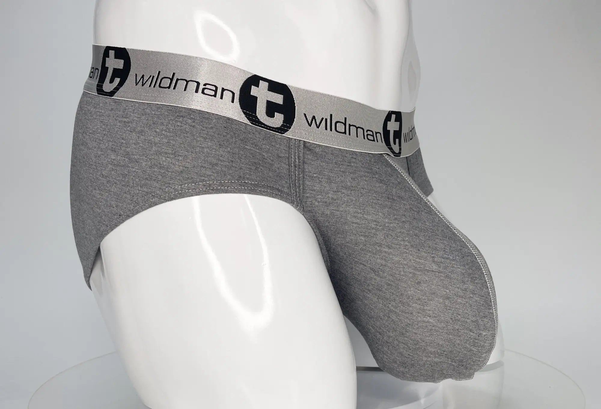 Gray heathered cotton modal briefs with silver elastic wildman waistband and black circular emblem in wildmant modal monster cock brief gray