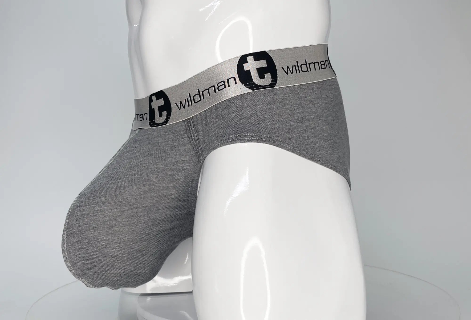 Gray heathered cotton modal briefs with silver wildman logo waistband and black circular emblem wildmant modal monster cock brief gray