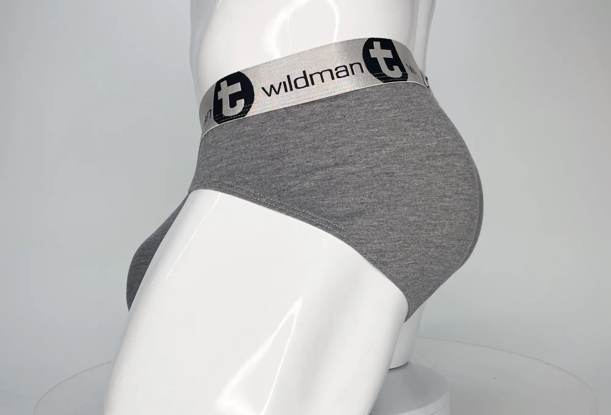 Gray heathered cotton modal briefs with a white elastic waistband featuring the wildman brand logo in black