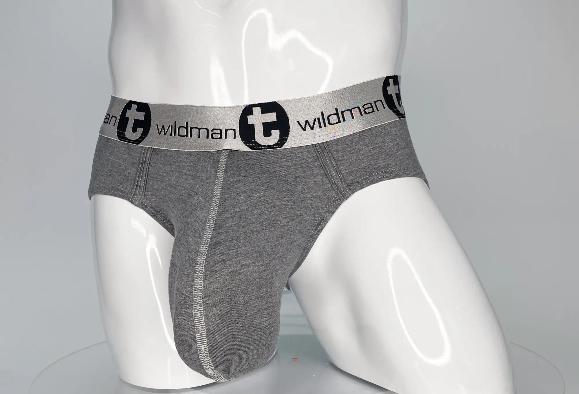 Gray heathered modal briefs with silver waistband featuring black wildman branding in wildmant modal monster cock brief gray
