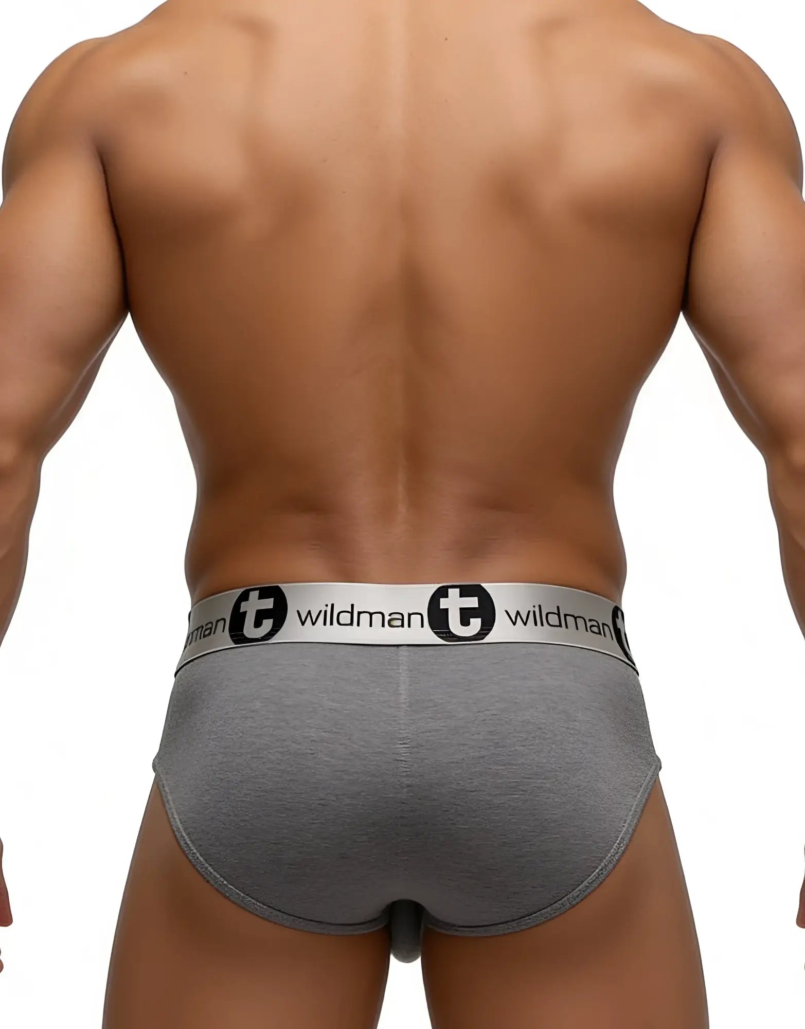 Gray heathered modal briefs with silver wildman waistband and black circular emblem in wildmant modal monster cock brief gray