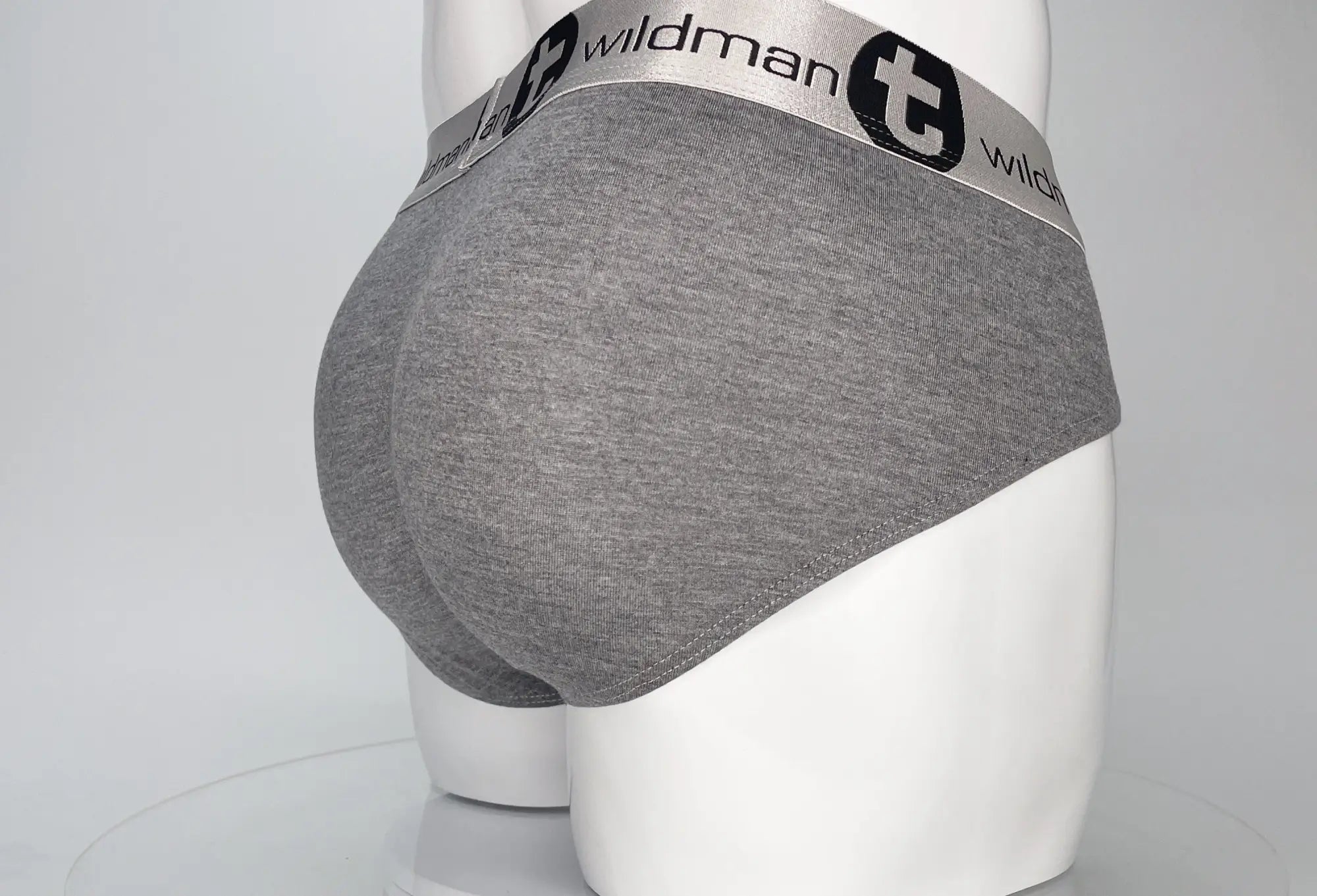 Gray heathered modal briefs with a silver wildmant waistband featuring the wildmant logo in modal fabric