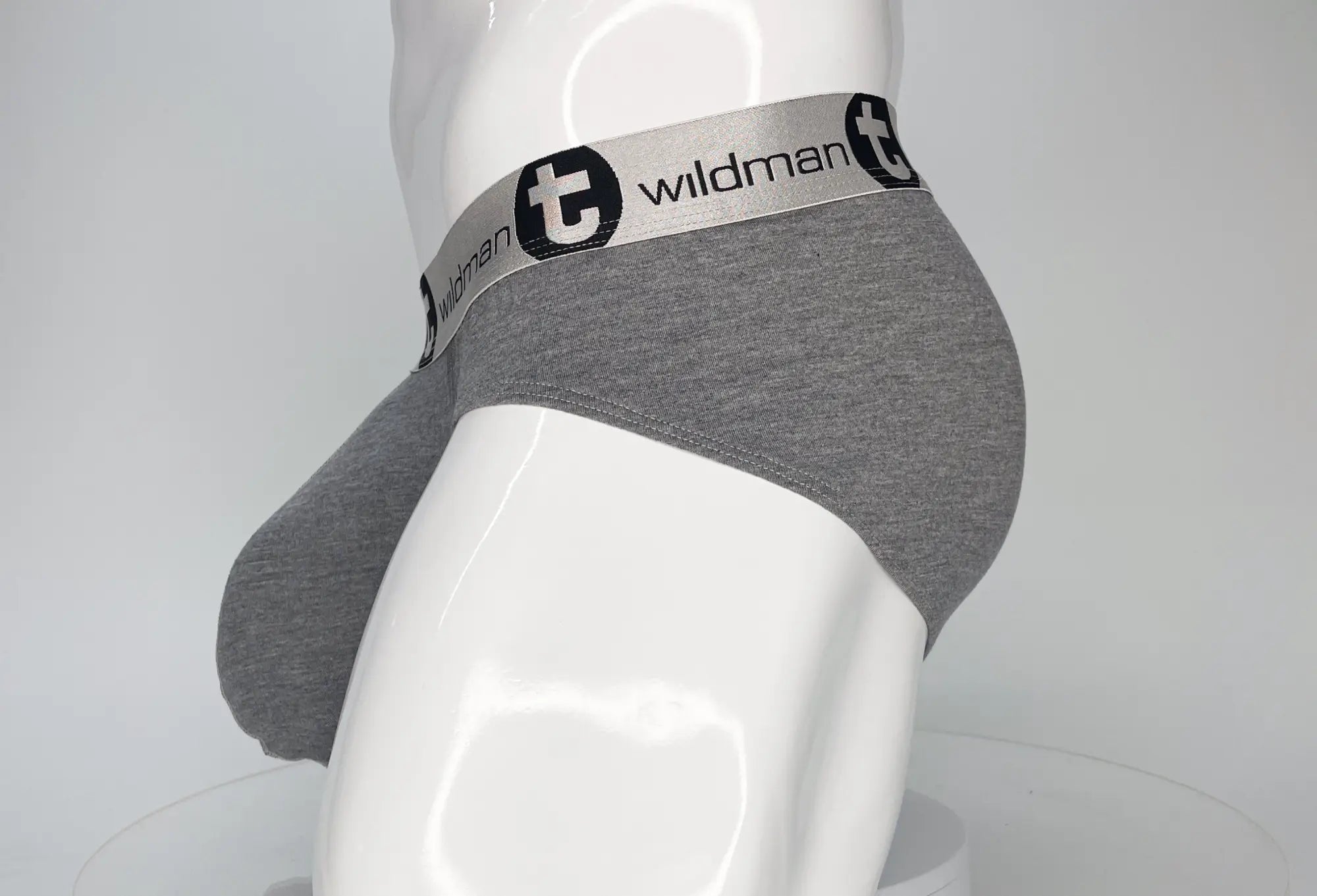 Gray heathered modal briefs with a silver waistband featuring the wildman brand logo wildmant modal monster cock brief gray
