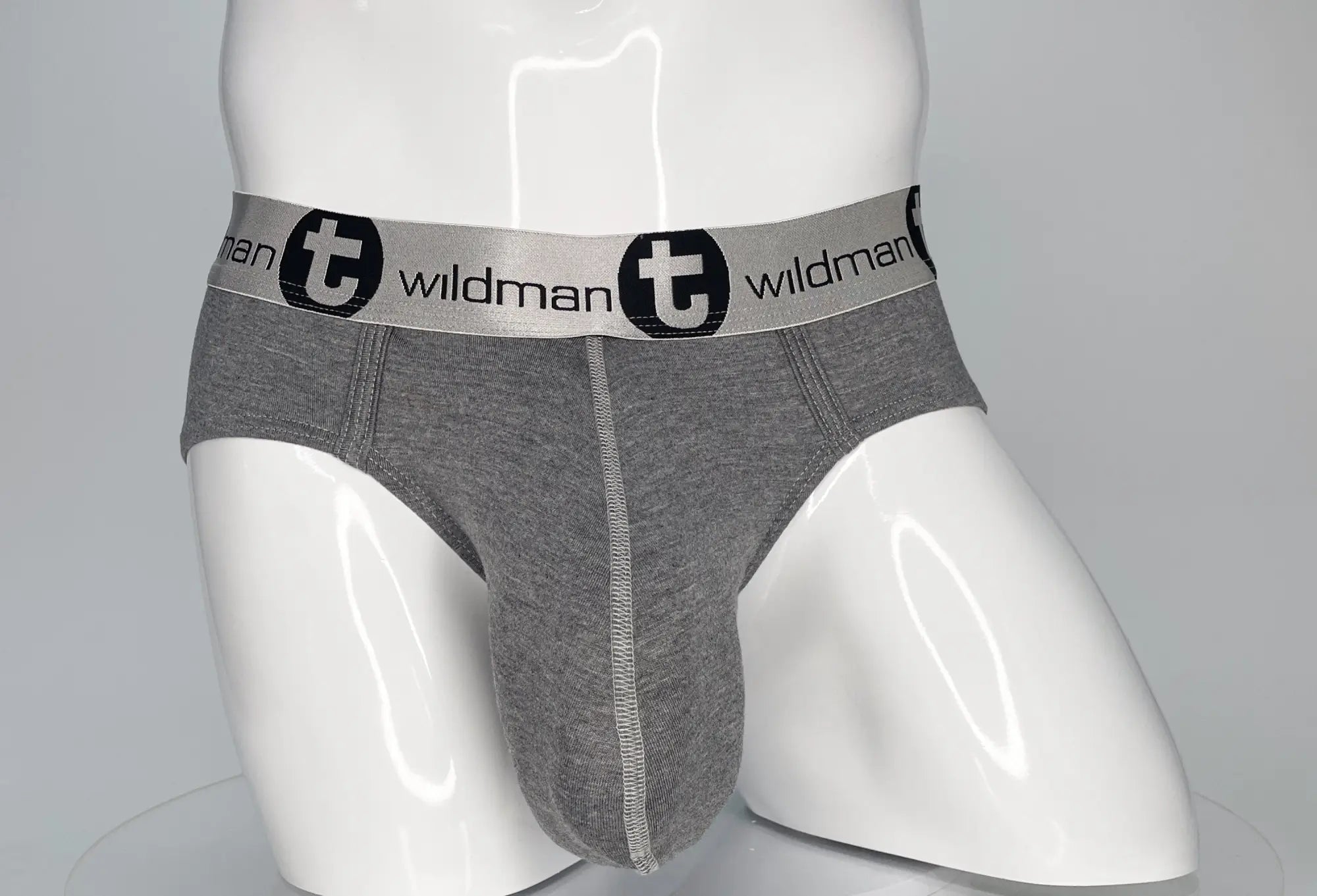 Gray heathered WildmanT modal Monster Cock brief with gray waistband featuring black Wildman branding and logo