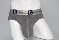 Gray heathered WildmanT modal Monster Cock brief with gray waistband featuring black Wildman branding and logo
