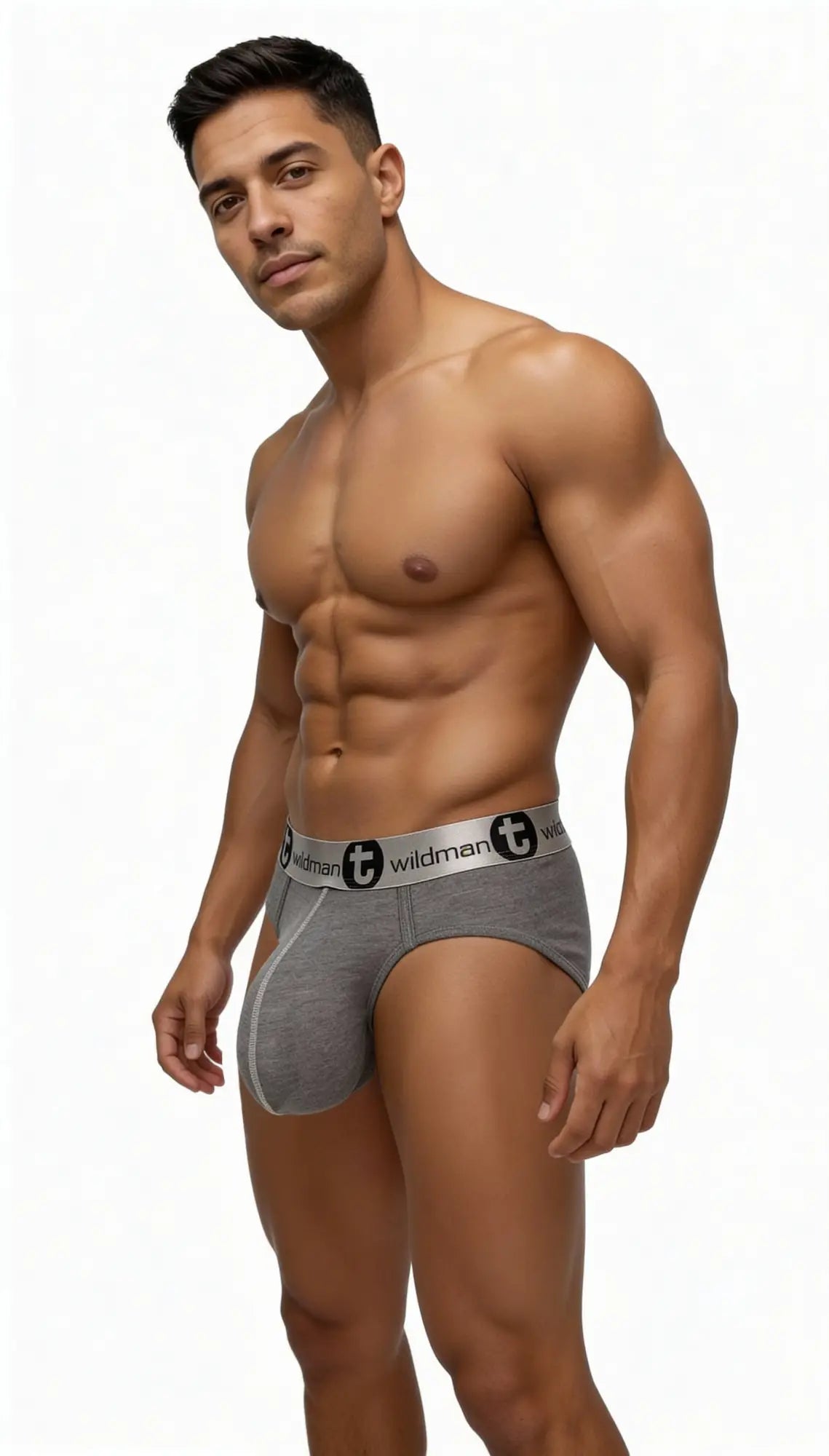 Wildmant modal monster cock brief in gray with a black and white wildman logo band made of modal fabric