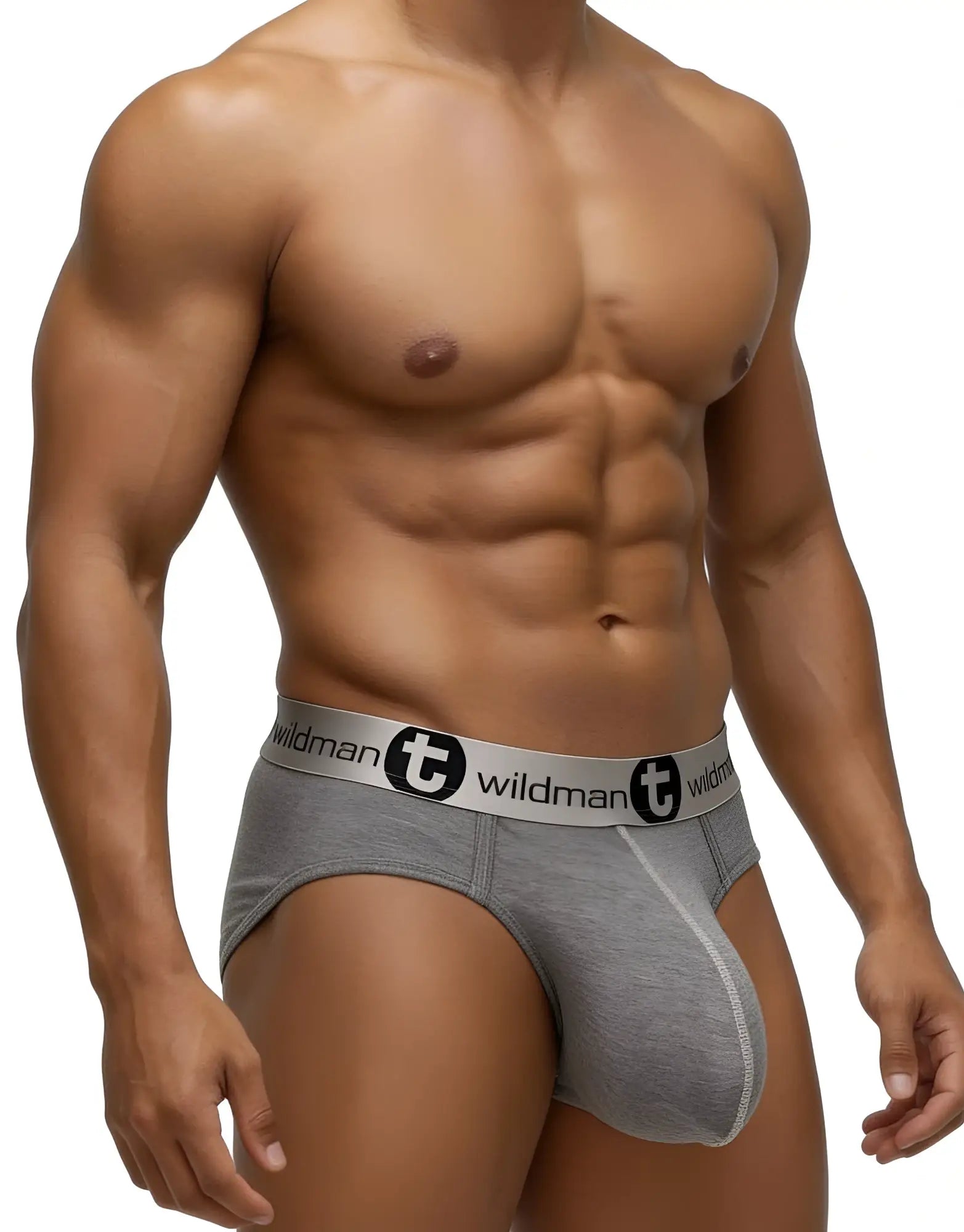 Gray wildman modal monster cock brief with a black waistband logo and comfortable breathable fabric