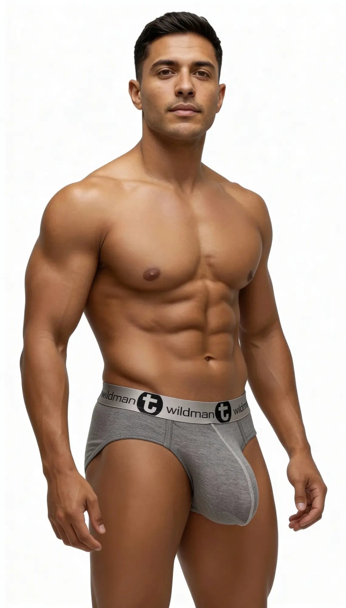 Gray wildman men’s briefs with white elastic logo waistband made from modal in the wildmant modal monster cock brief gray