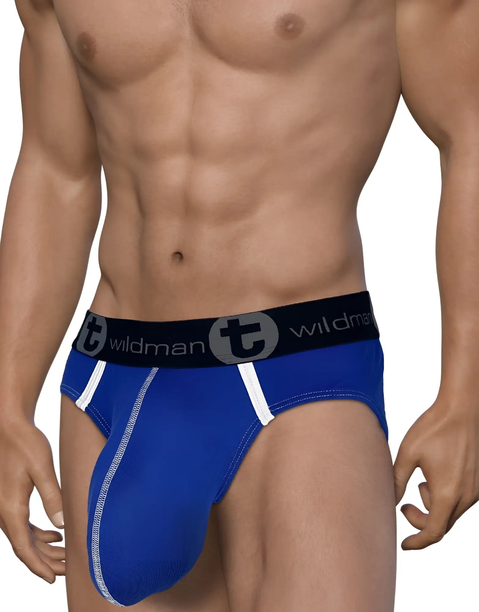 Blue wildman briefs with white trim and black waistband featuring t logo made of modal in royal blue color
