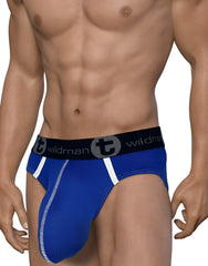 Blue wildman briefs with white trim and black waistband featuring t logo made of modal in royal blue color