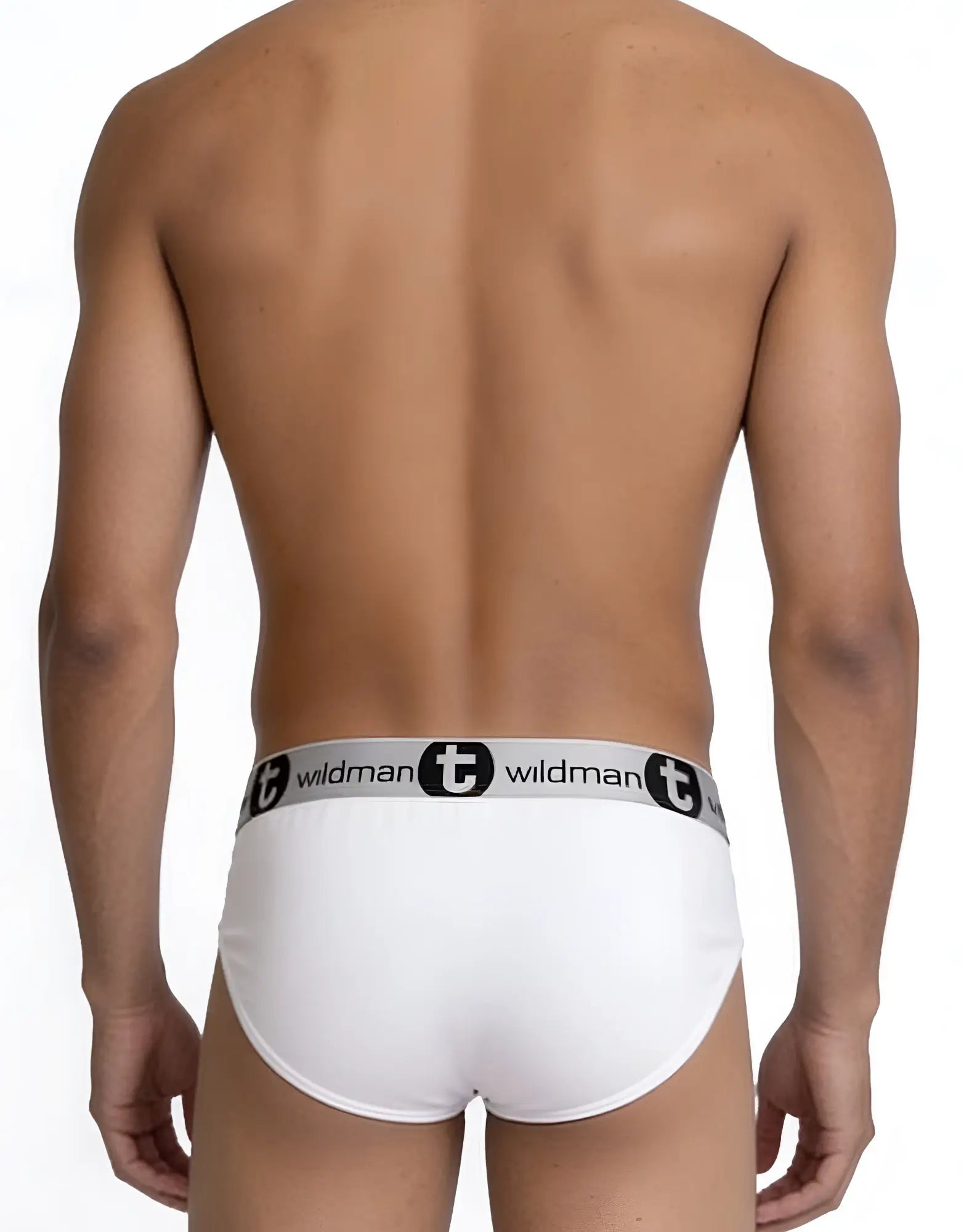 White cotton modal briefs with black and white elastic waistband featuring the wildman logo in wildmant modal monster cock brief white