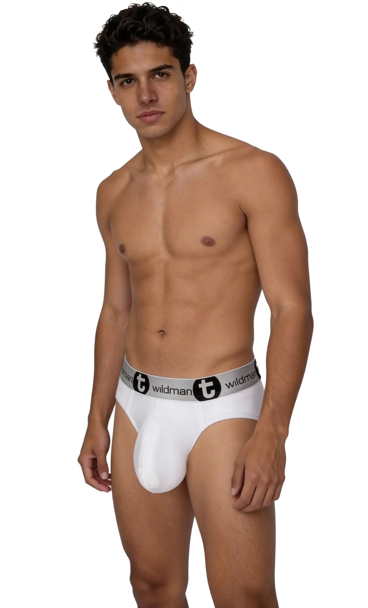 White wildmanT modal monster cock brief with gray waistband and black emblem designed for men