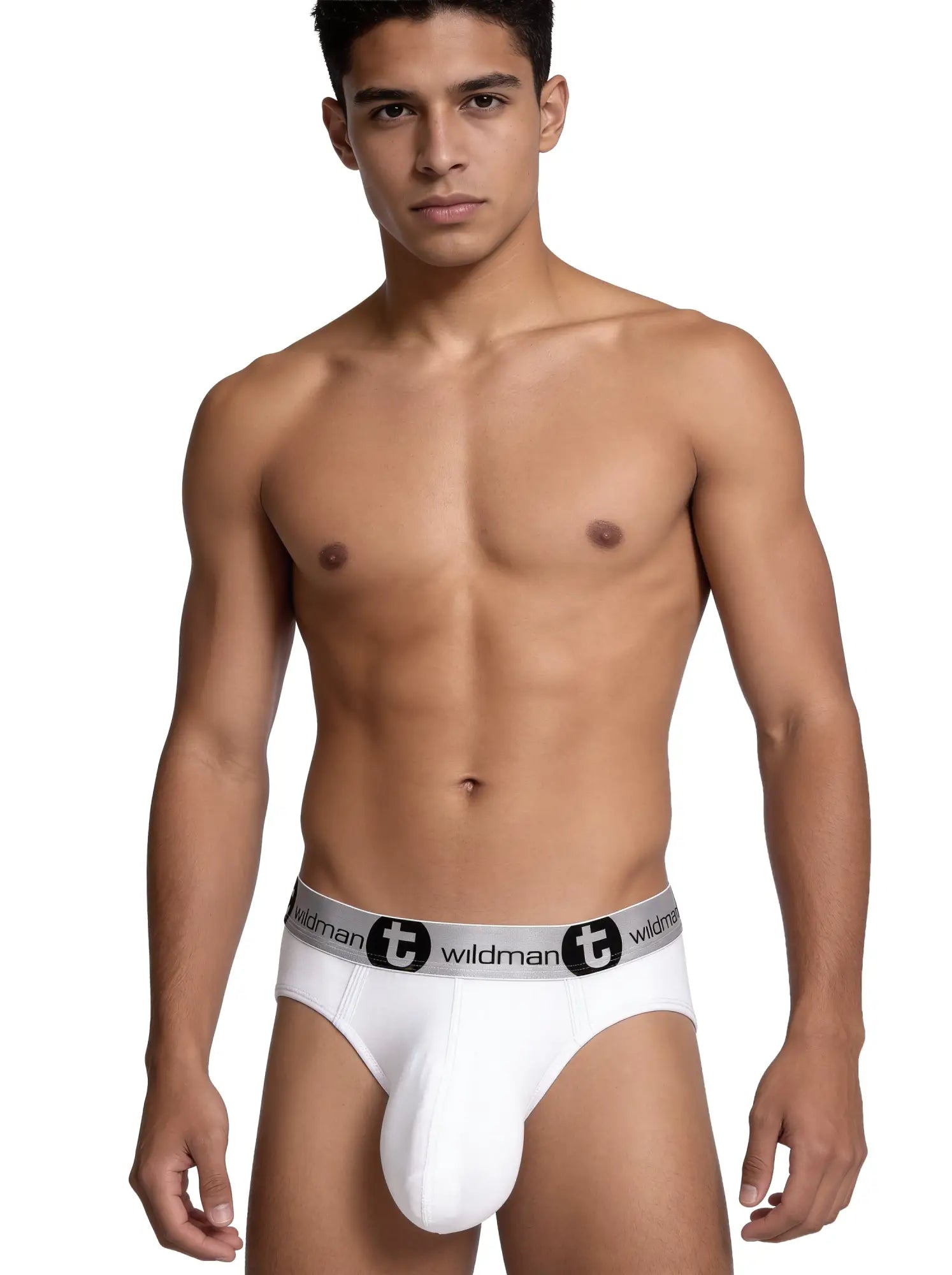 White mens briefs with gray waistband featuring wildman logo and black lettering in modal fabric