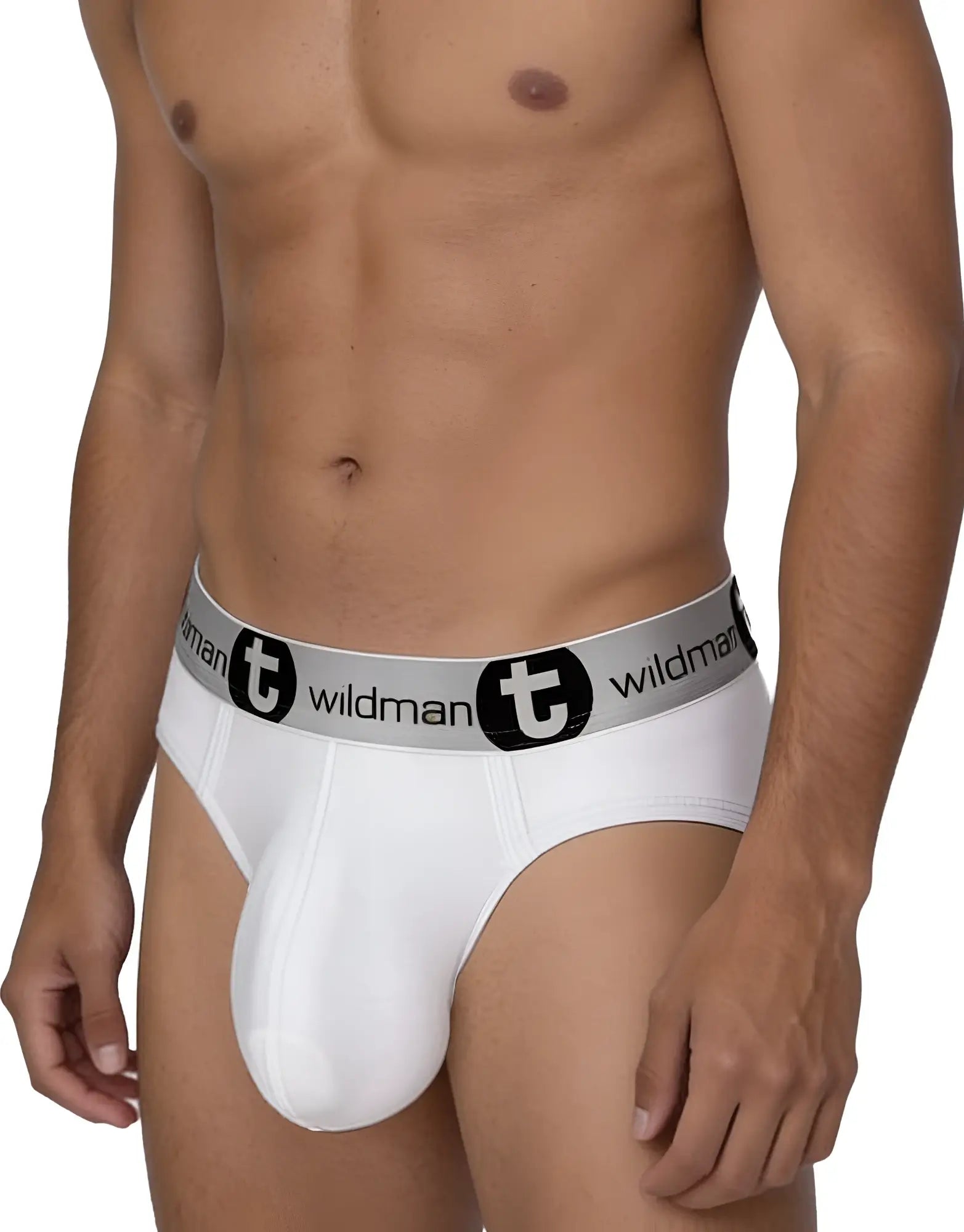 White men’s modal briefs with gray waistband and wildman logo designed for comfort and support