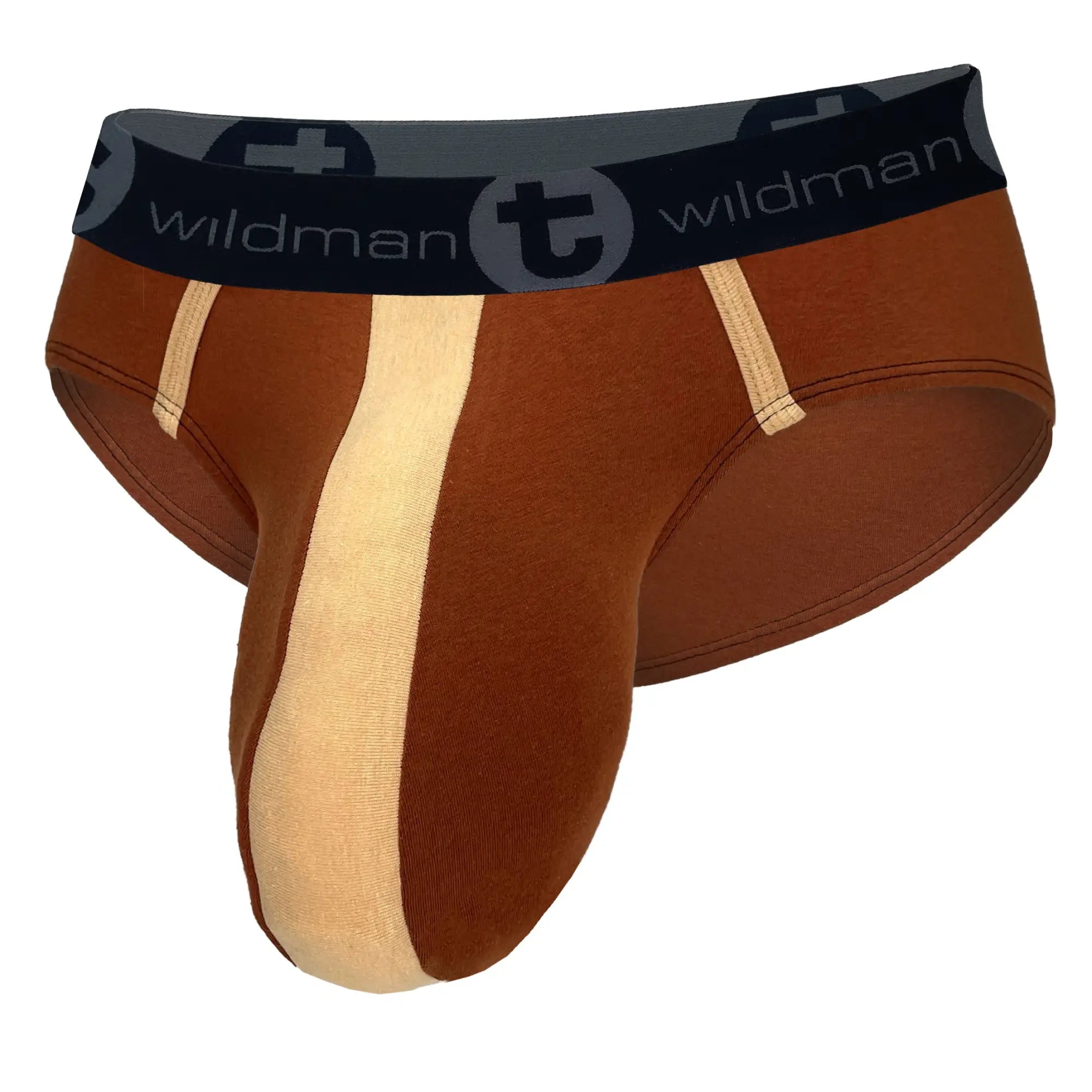 Brown and beige athletic-style briefs with a black waistband featuring the ’wildman’ brand logo.
