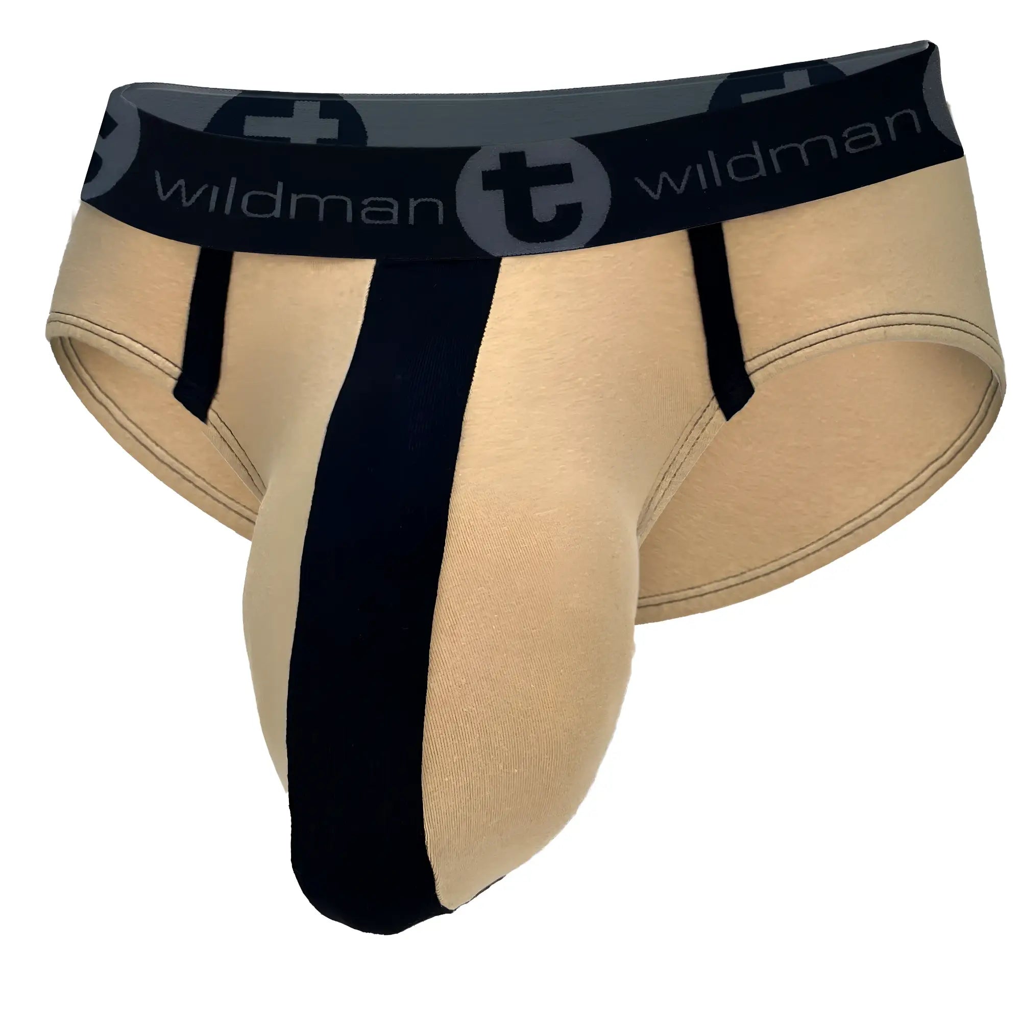 Beige and black wildman men’s cotton briefs with central black stripe wildmant monster cock cotton brief tan