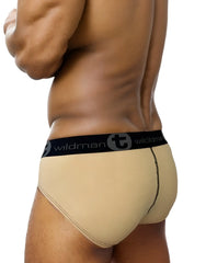 Beige wildmant monster cock cotton brief with black elastic waistband featuring wildman logo and stylized t emblem