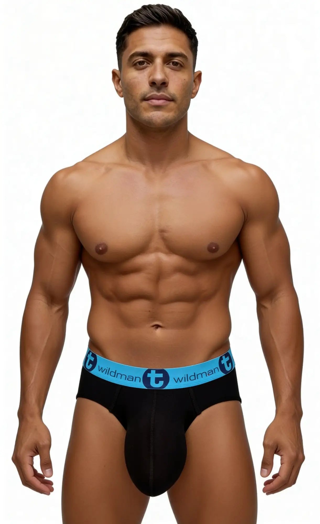Black cotton brief with light blue elastic waistband marked wildman logo from wildmant monster cock collection