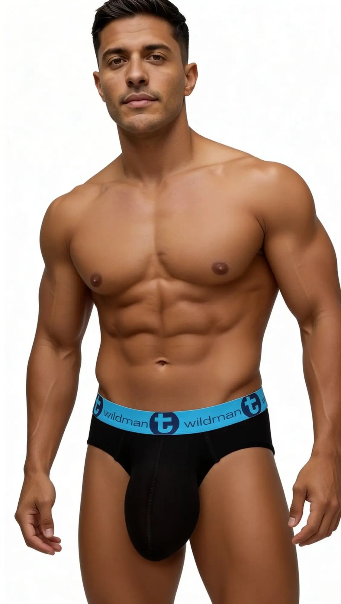 Black and blue WildmanT monster cock cotton briefs with light blue elastic waistband featuring wildman logo