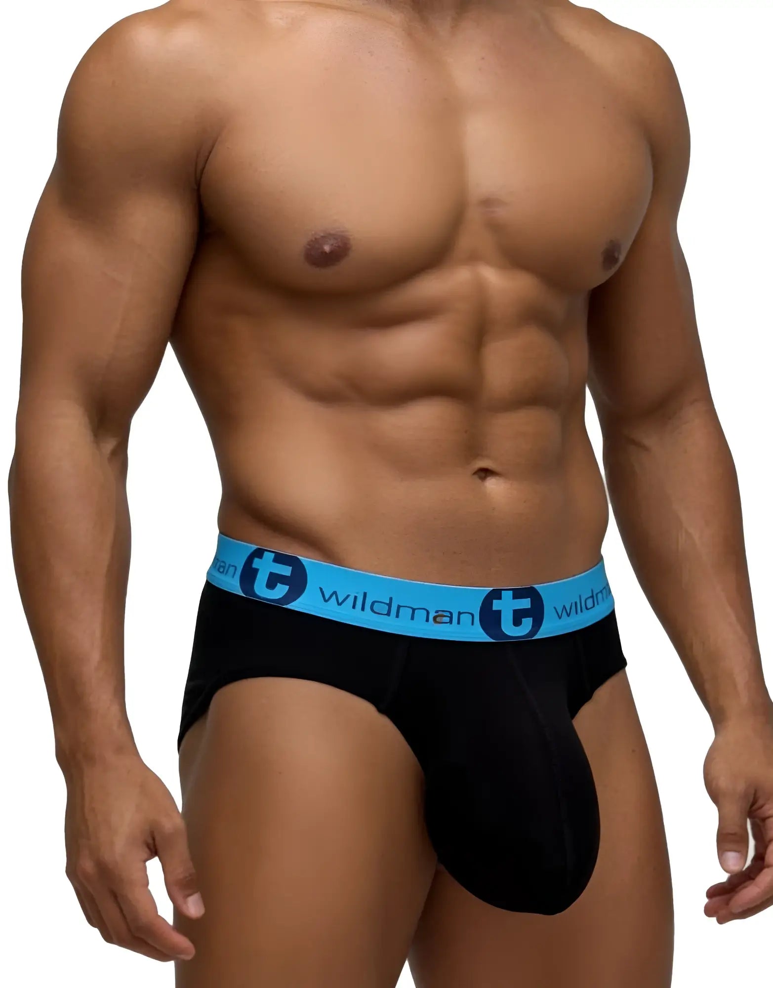 Black wildmant monster cock cotton briefs with light blue waistband and circular t emblem in front view