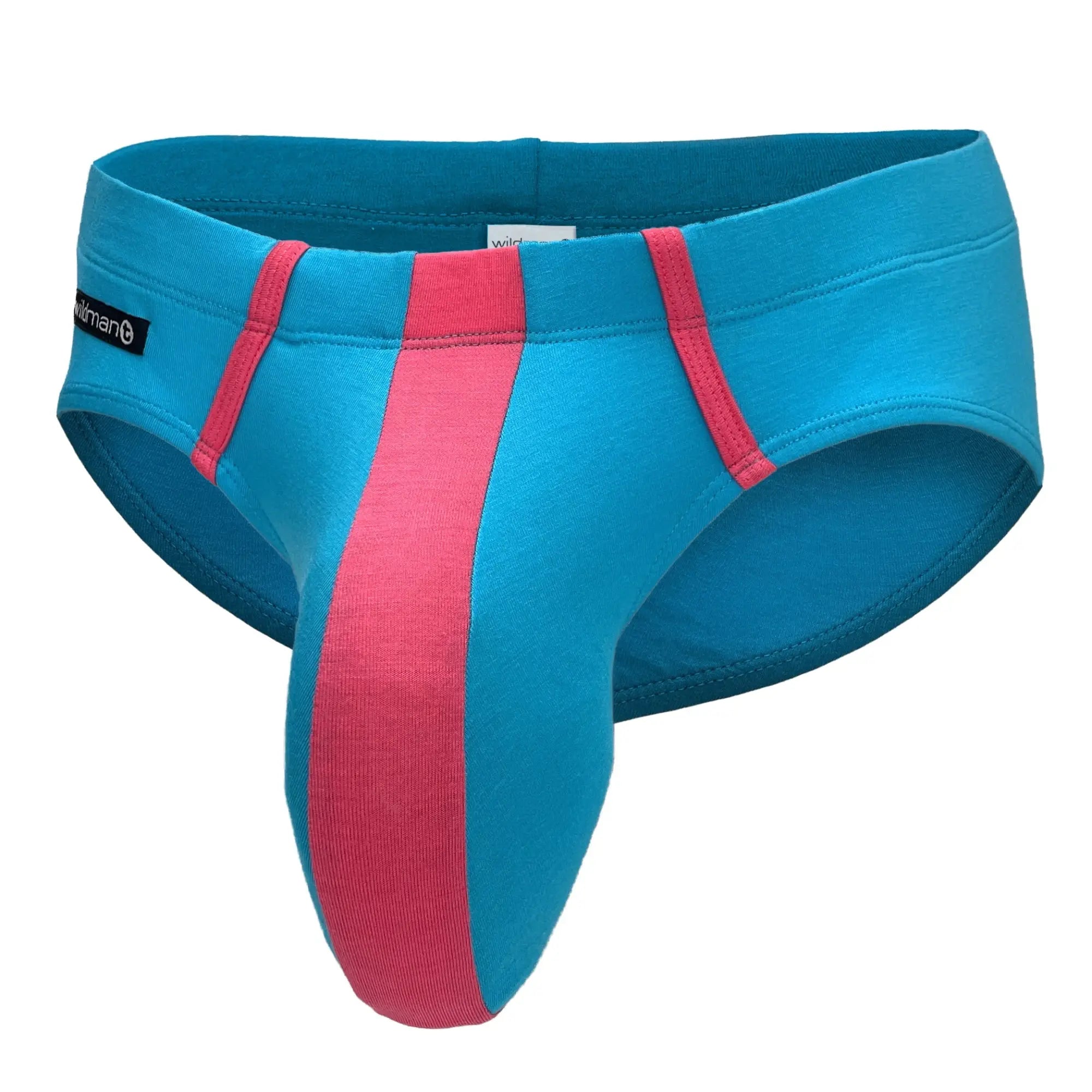 Blue and pink WildmanT Monster Cock modal briefs with bold vertical stripe design for athletic wear