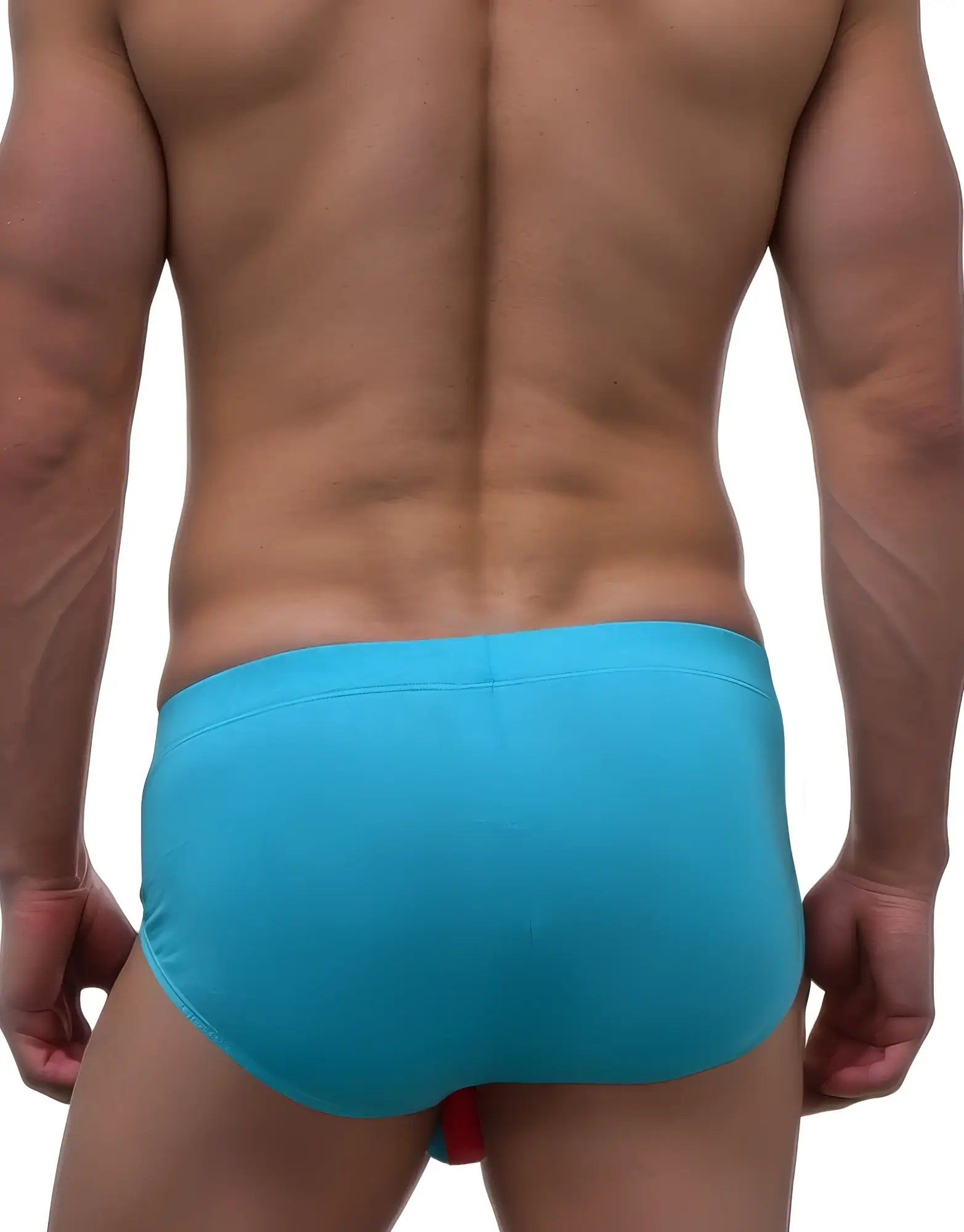 WildmanT monster cock modal brief baby blue and pink swim trunks in bright turquoise with subtle red accent at back view