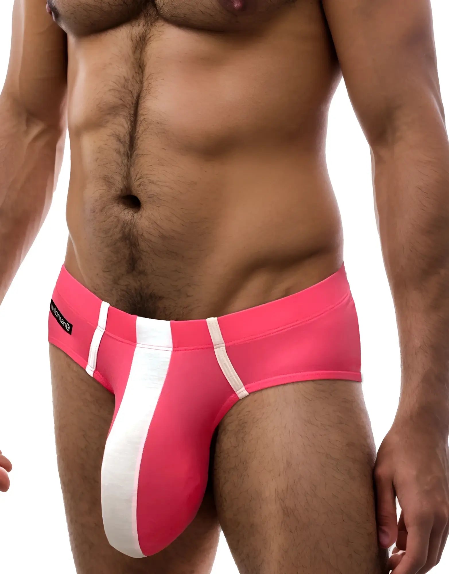 WildmanT monster cock modal brief pink and white men’s swim trunks with bright stripes and sleek form-fitting design
