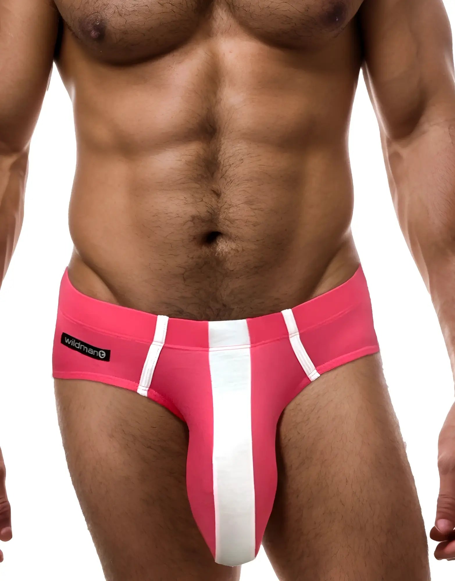 Wildmant monster cock modal brief in pink and white striped design features a bold athletic style for men