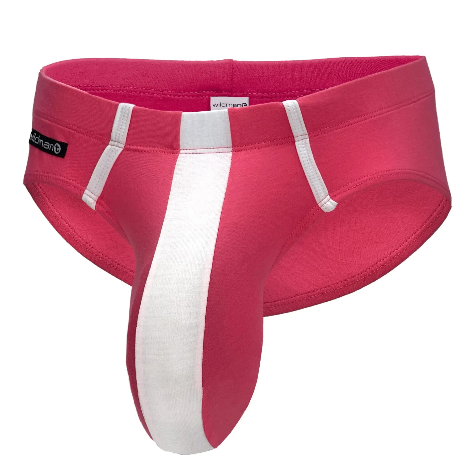 Pink and white striped men’s jockstrap with wildman label made from modal fabric for comfortable wear
