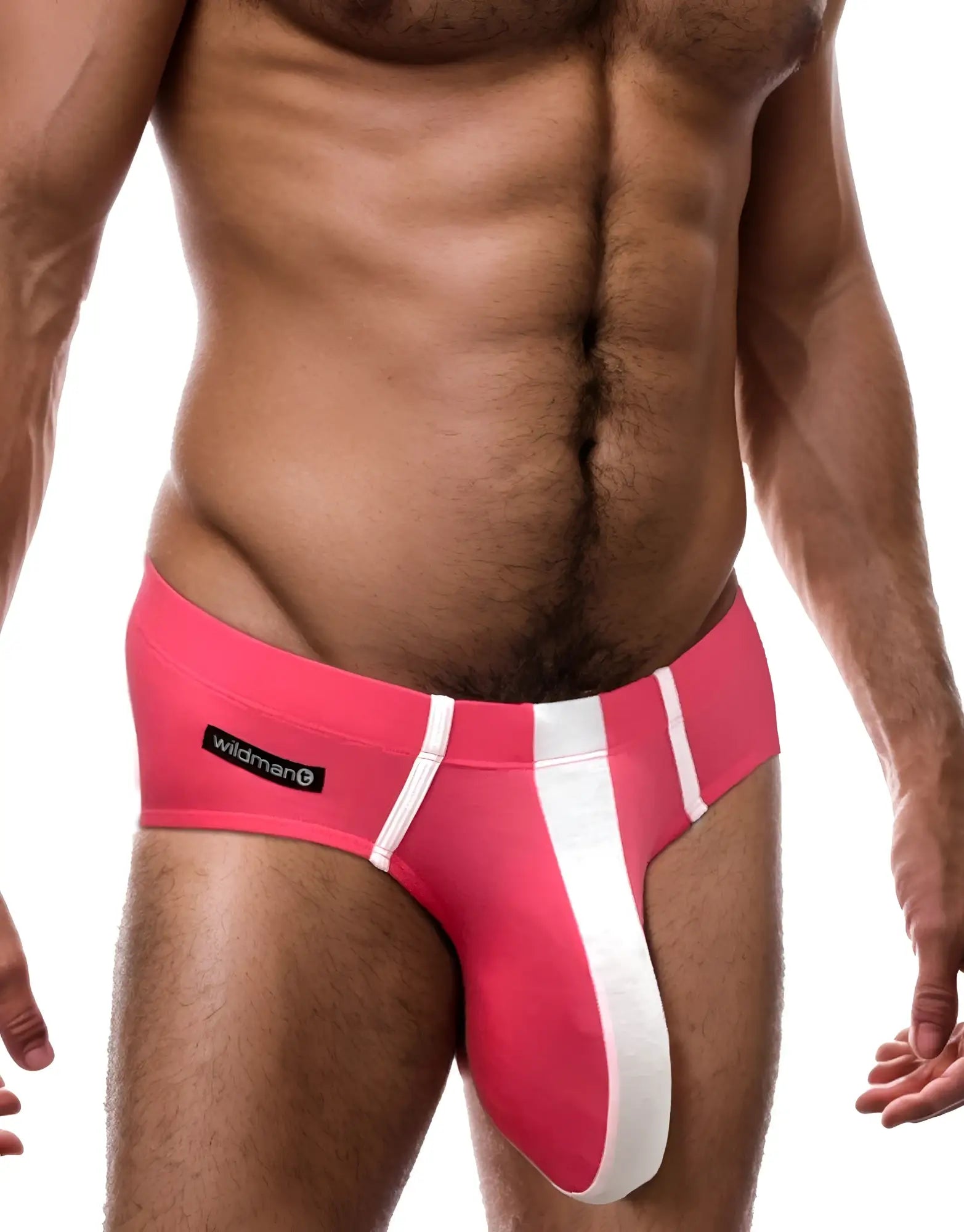 WildmanT Monster Cock modal brief in vibrant pink and white with a bold sporty design for athletic wear