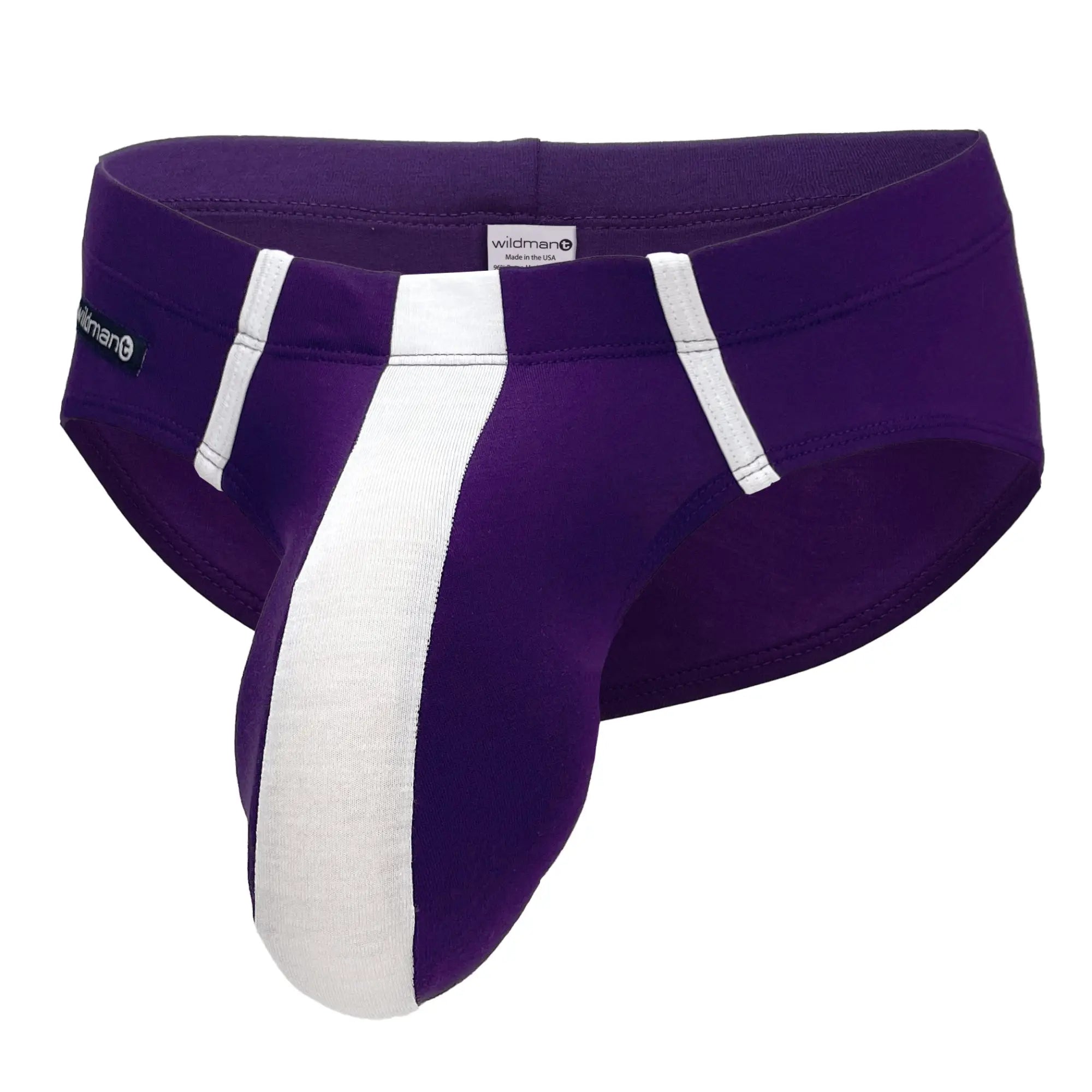 Purple and white striped wildman modal swim trunks featuring monster cock brief design for men