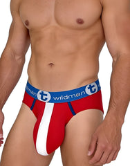 Front view of red, white, and blue WildmanT pouch briefs on a muscular torso with branded blue waistband.