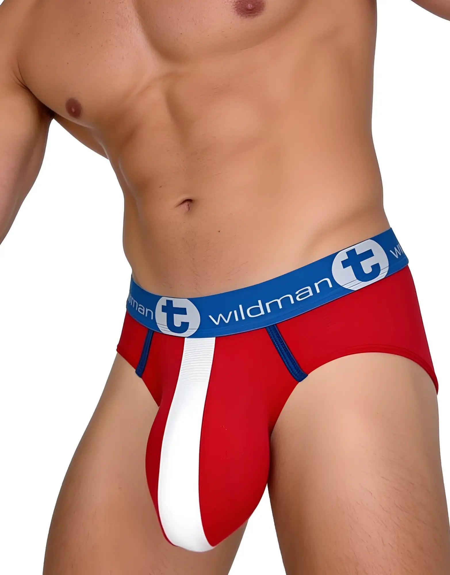 Front-angle view of red and white mesh briefs with a blue logo waistband on a fit male model.
