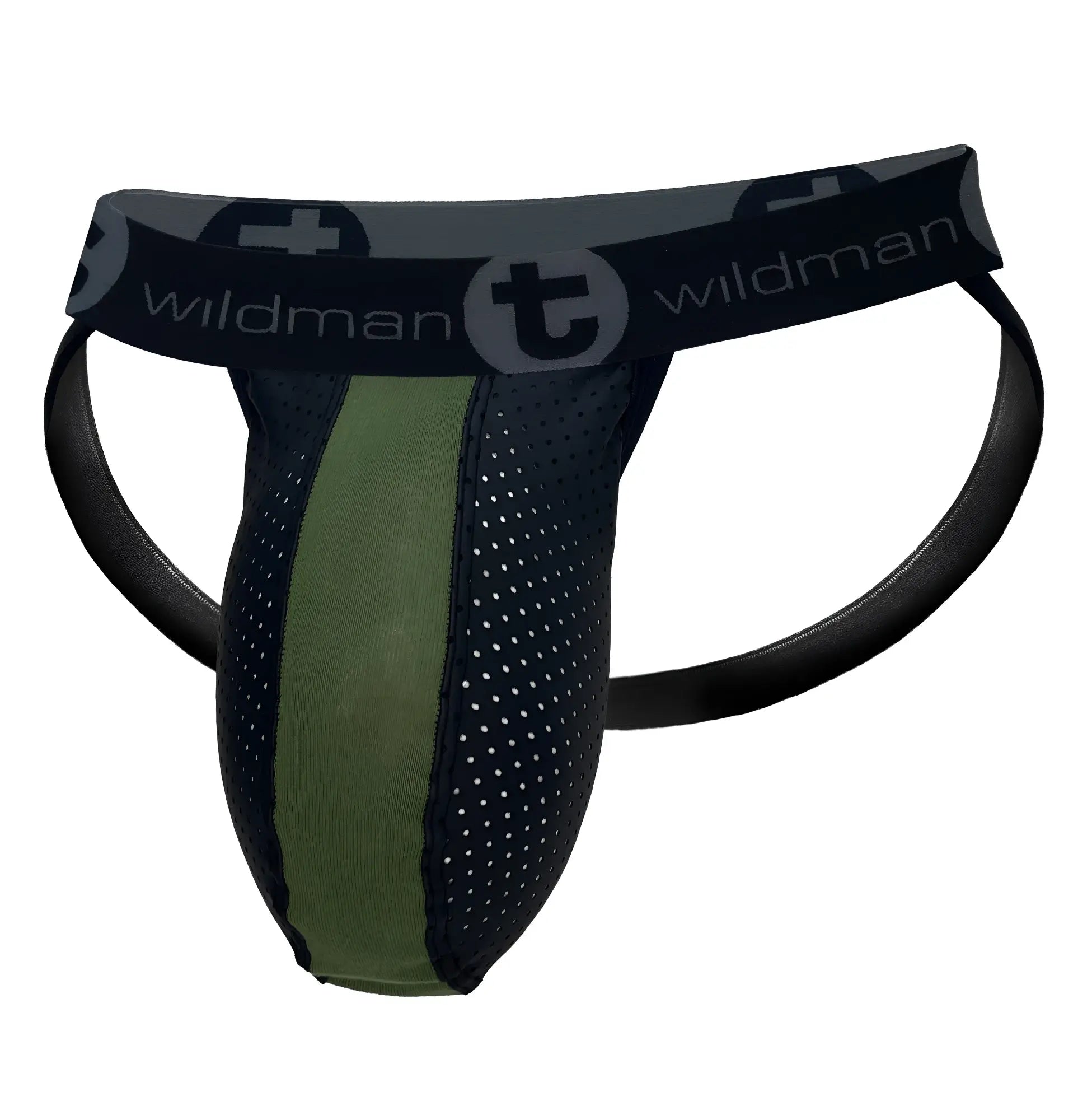 Black and olive green mesh athletic brief with branded waistband wildmant monster cock rubber cotton jockstrap army