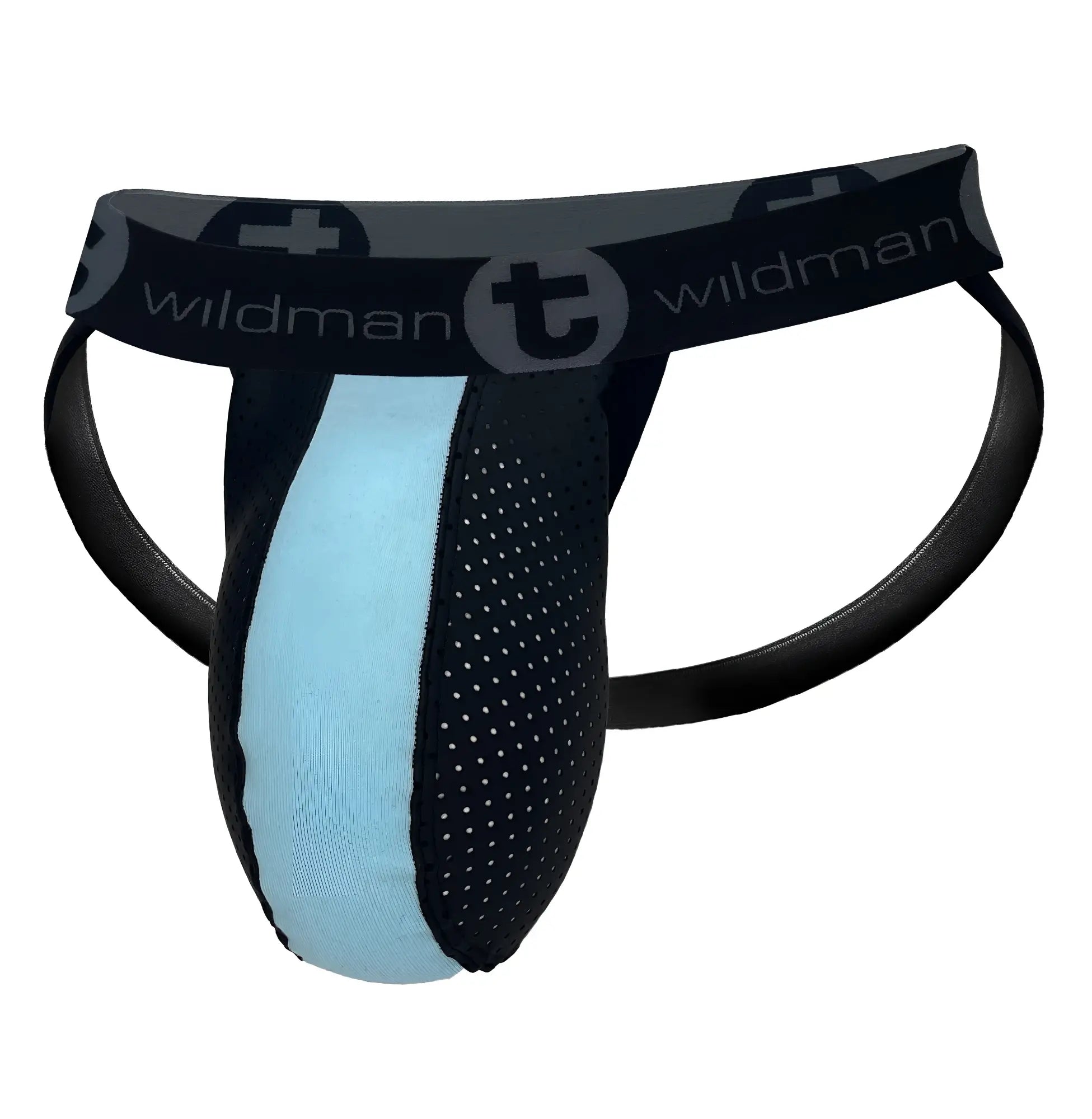 Black and light blue WildmanT Monster Cock rubber cotton jockstrap with perforated mesh panel and waistband logo