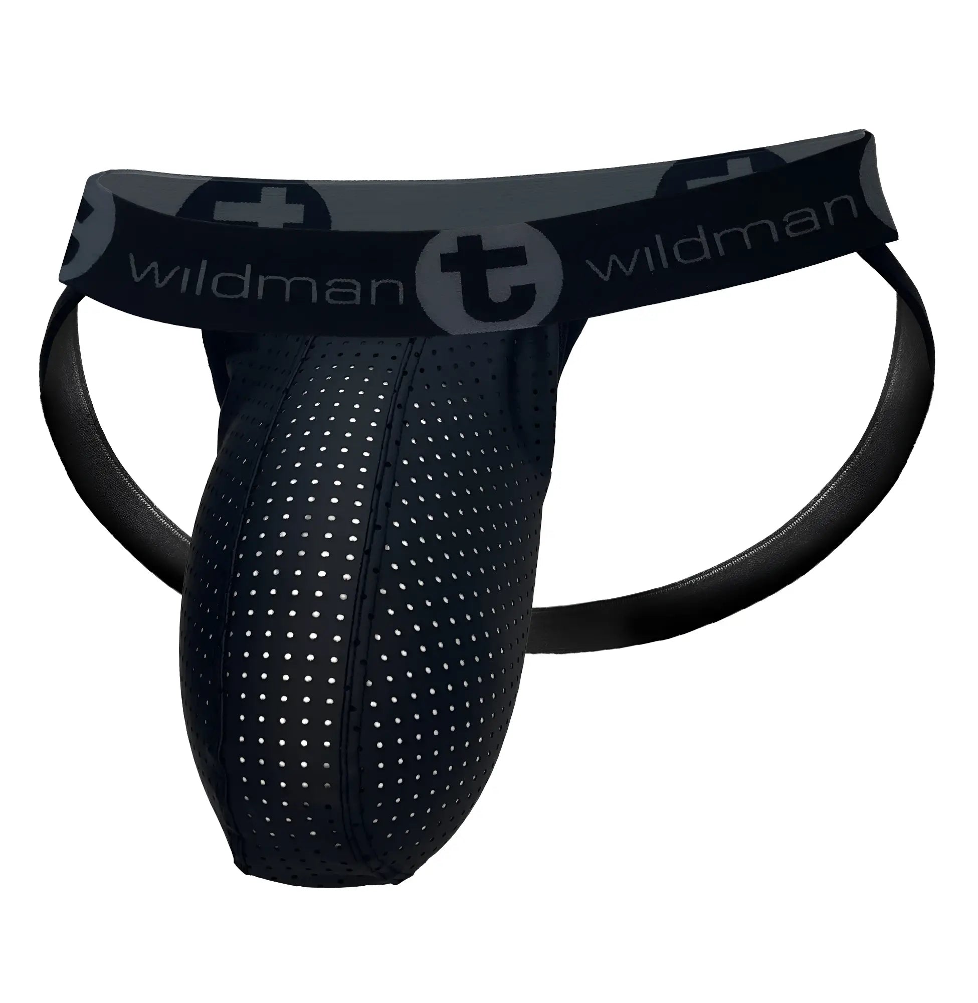 Black perforated WildmanT Monster Cock rubber cotton athletic briefs with branded waistband front view