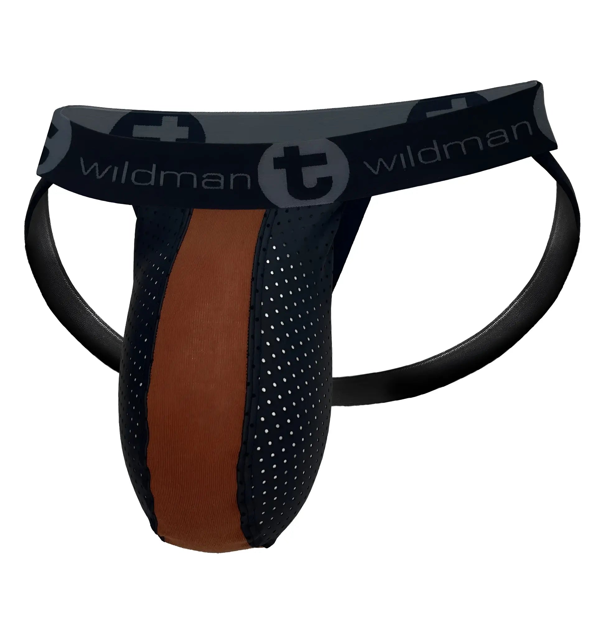 Black and brown perforated mesh WildmanT Monster Cock rubber cotton athletic briefs with branded waistband