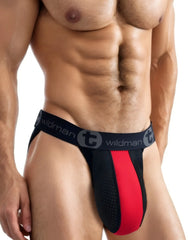 Black and red wildman athletic briefs with perforated rubber and cotton design and branded waistband in front view