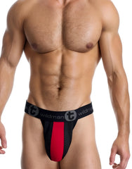 Black and red mesh athletic briefs with bold vertical stripe and wildman logo waistband