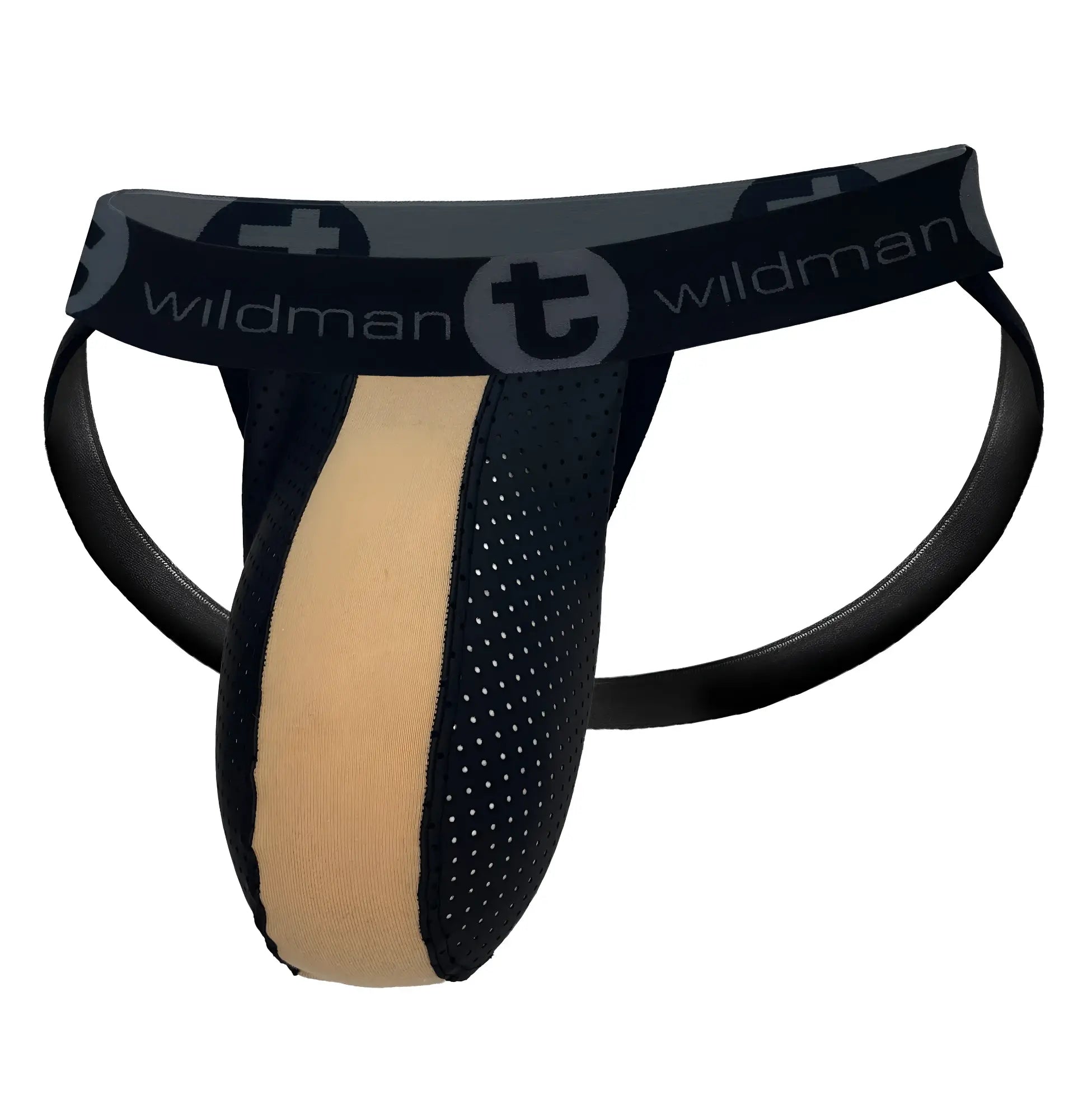 Black and beige wildman athletic brief with perforated mesh panels and branded waistband in rubber and cotton tan material