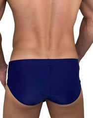 Navy blue WildmanT Monster Cock swim brief back view with smooth form-fitting fabric and central seam