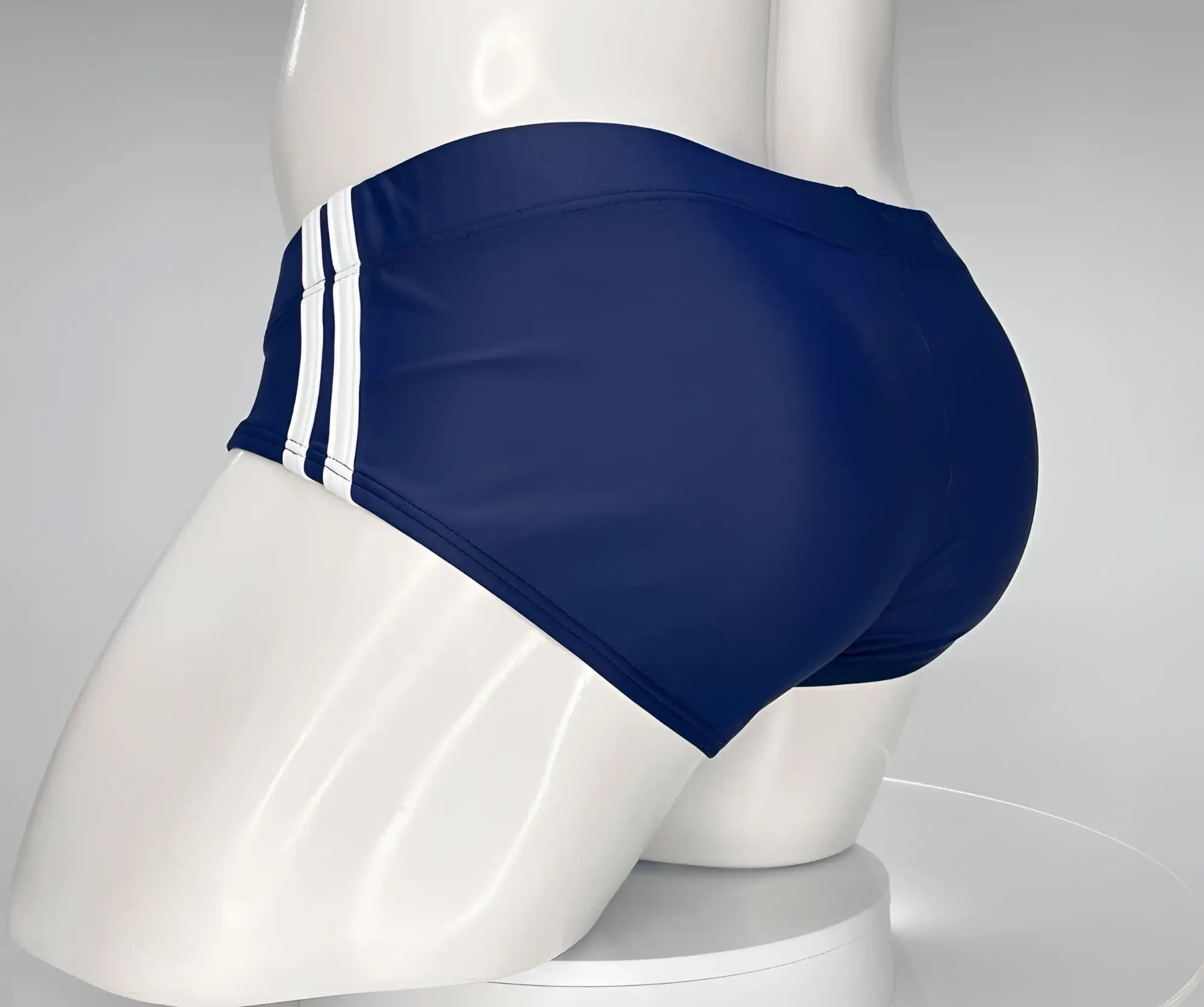 Wildmant monster cock swim brief navy blue swim trunks with three white vertical stripes for beachwear