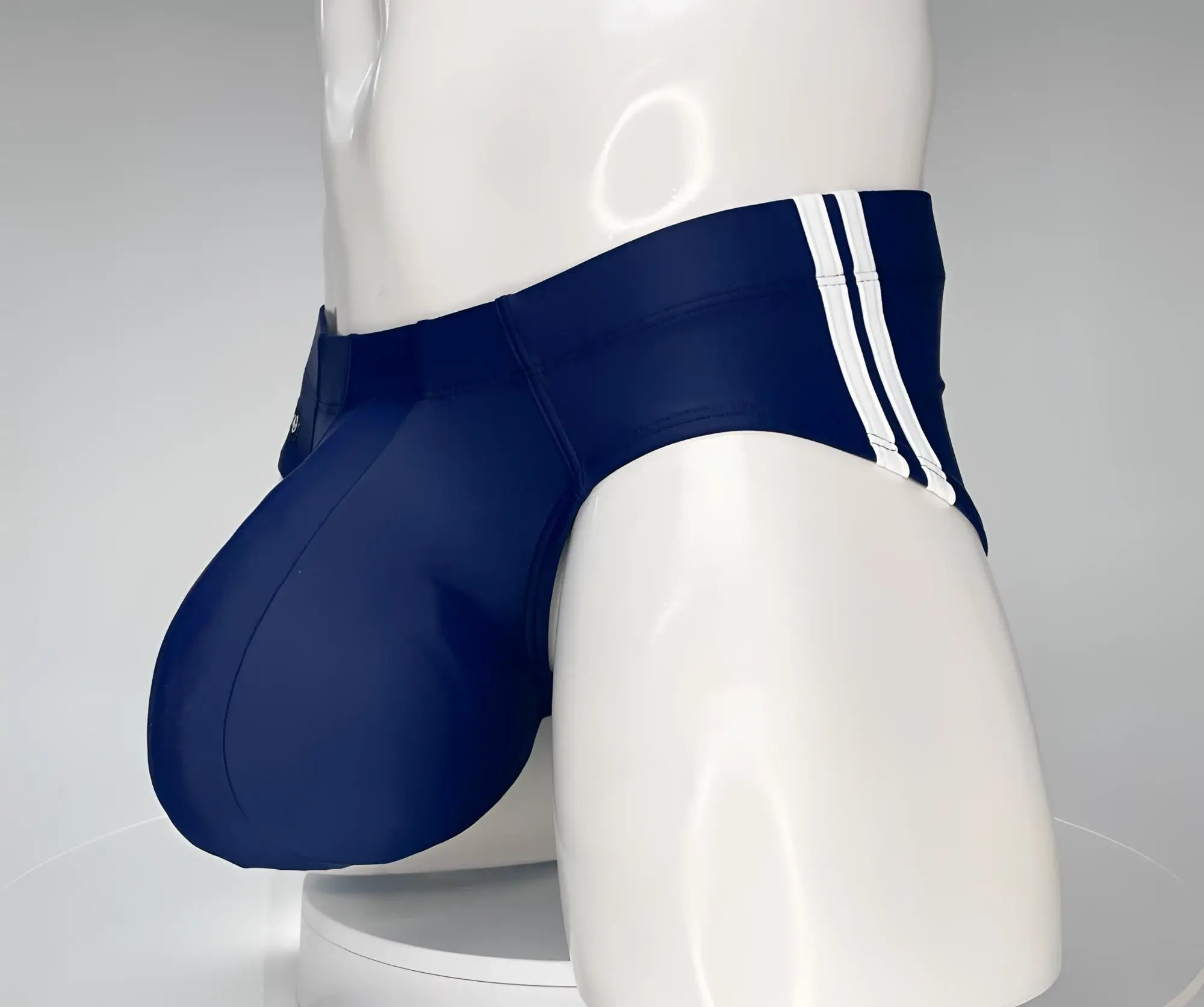 Wildmant monster cock swim brief navy blue swim trunks with three white side stripes for beachwear