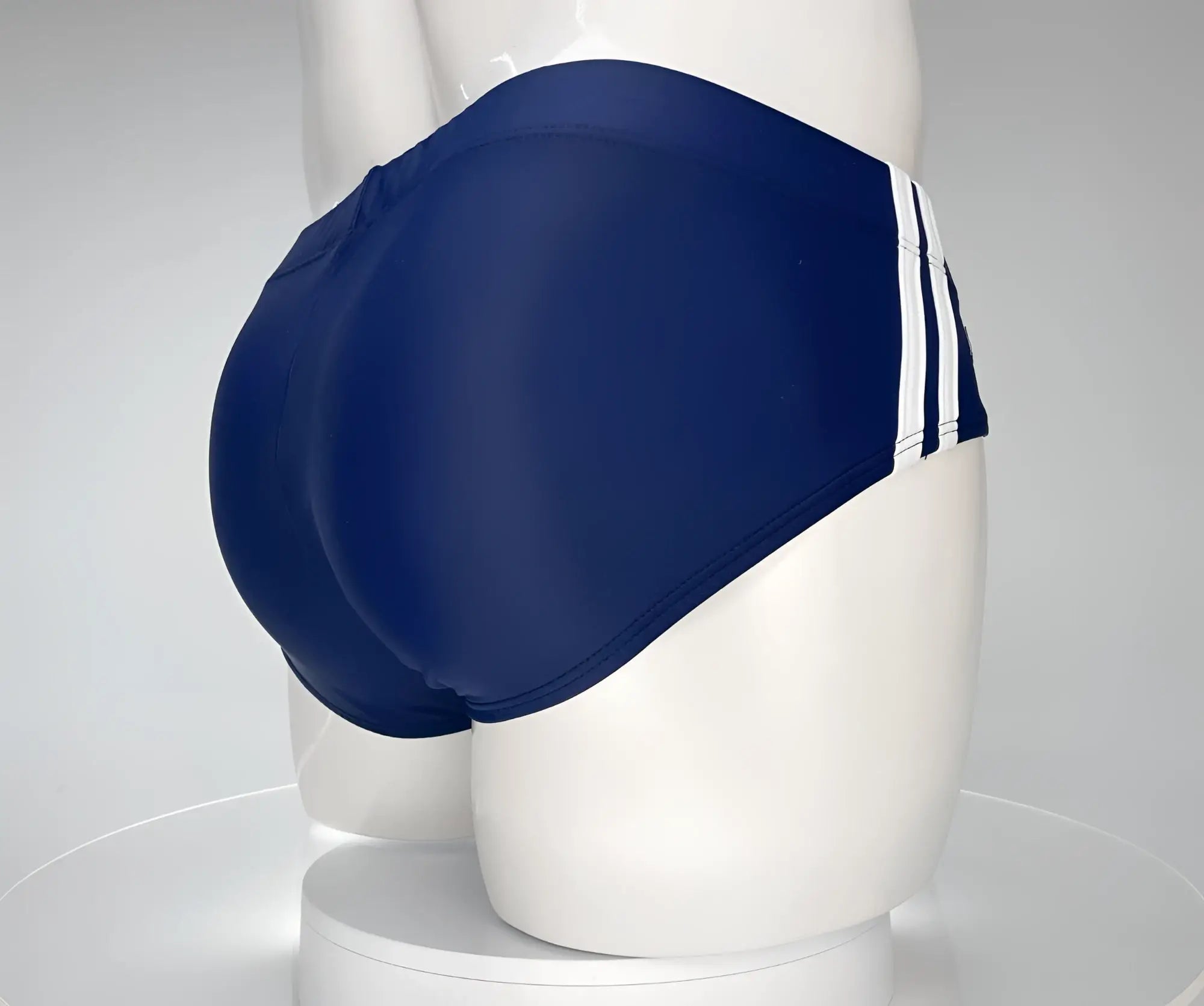 Wildmant monster cock swim brief navy blue swim trunks with three white stripes on the side for swimming