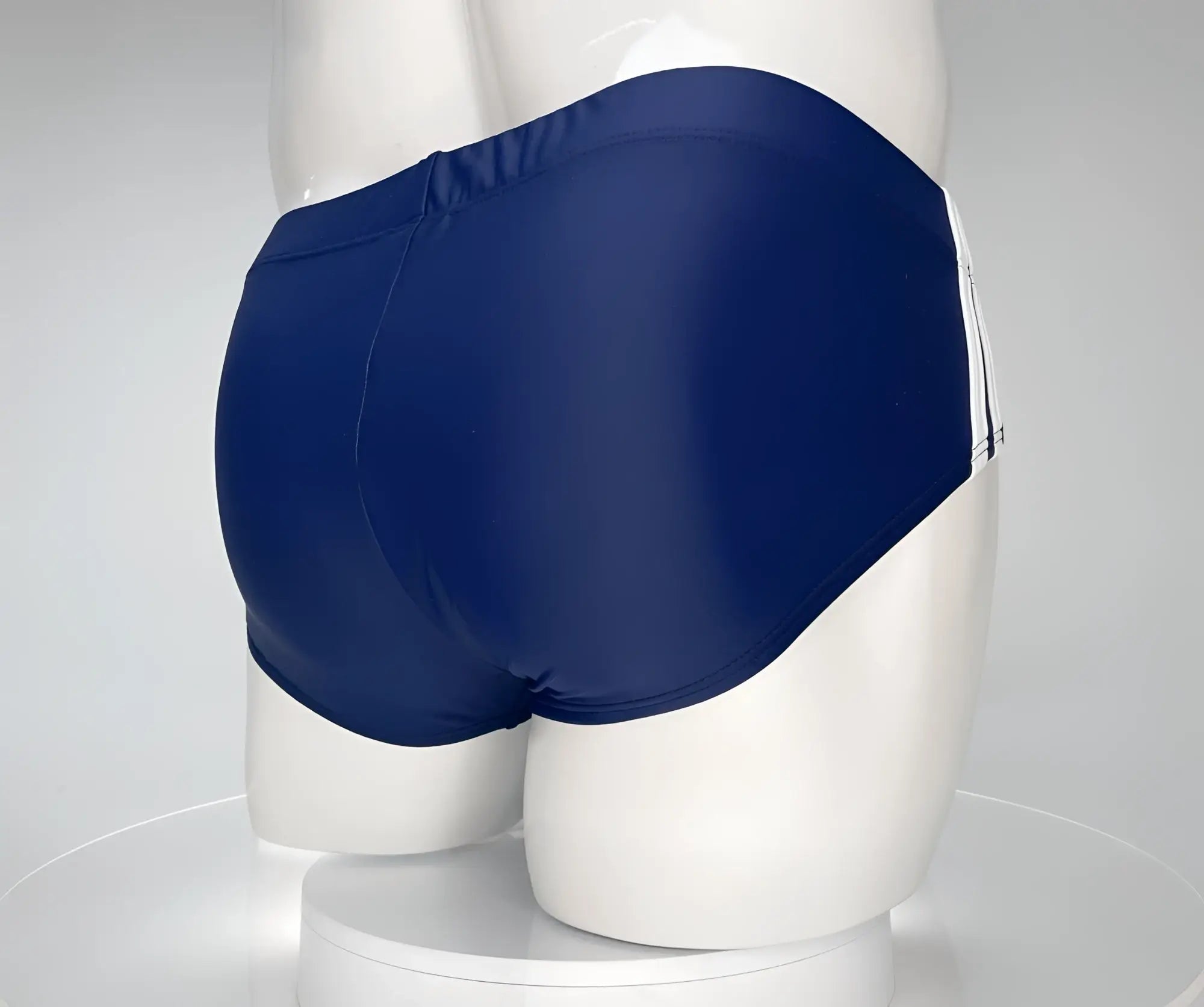 Wildmant monster cock swim brief navy blue swim trunks with white side stripes for beach and pool use