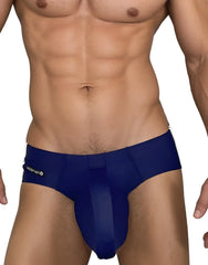 Navy blue wildman briefs with sleek form-fitting design and subtle white trim along waistband for swim use