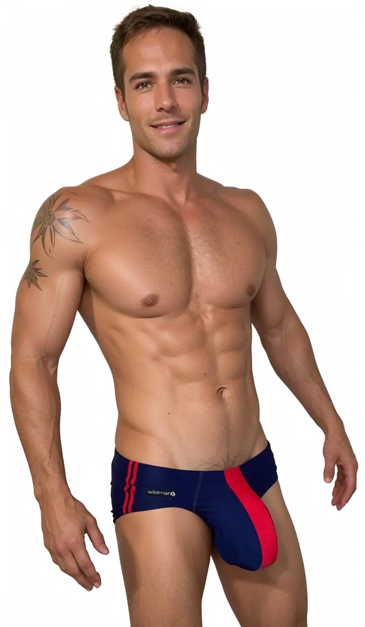 WildmanT monster cock swim brief in navy and red striped fabric with wildmar logo on the side for swimming use