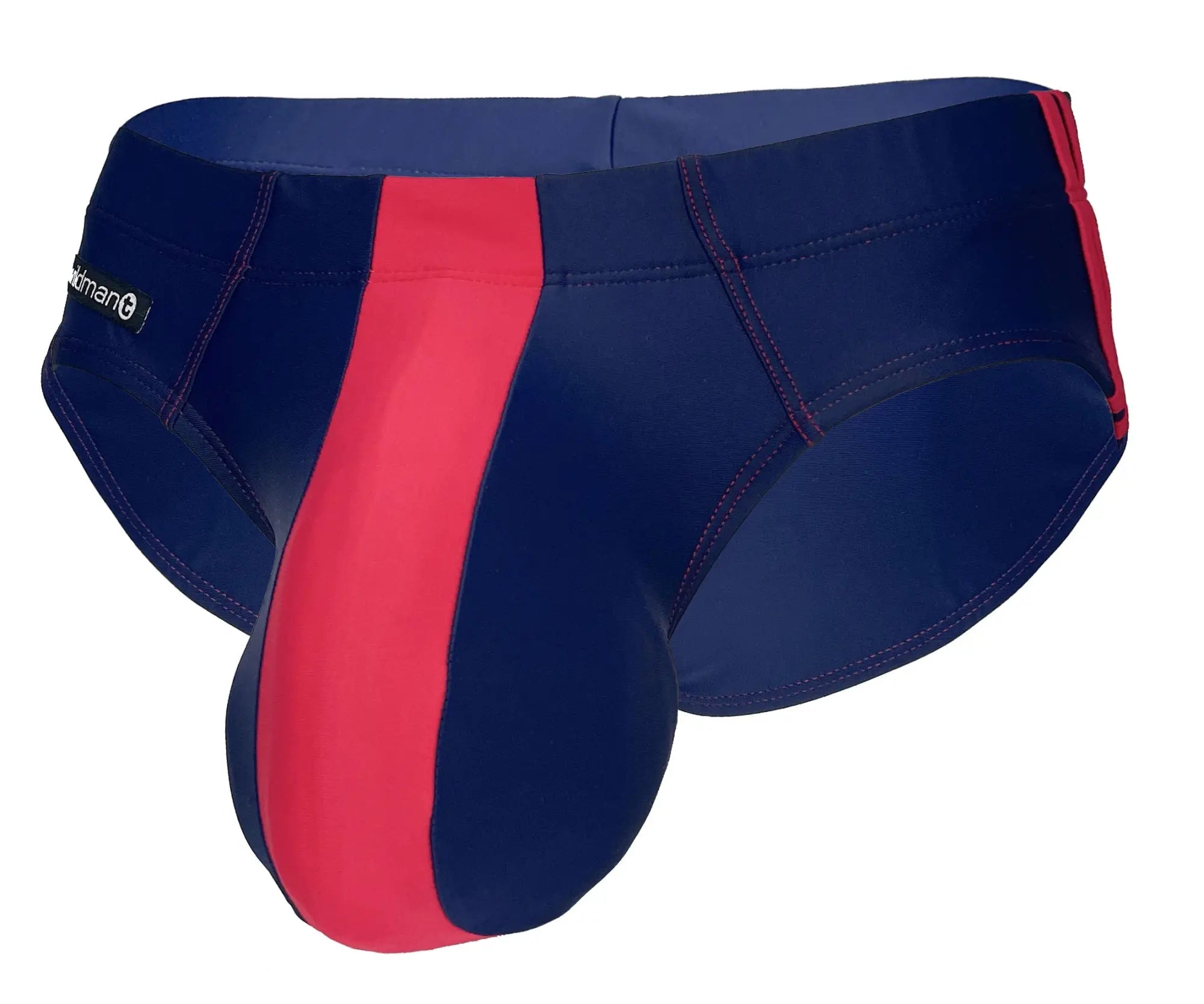 WildmanT Monster Cock swim brief in navy and red with sleek, form-fitting striped design for swimwear use