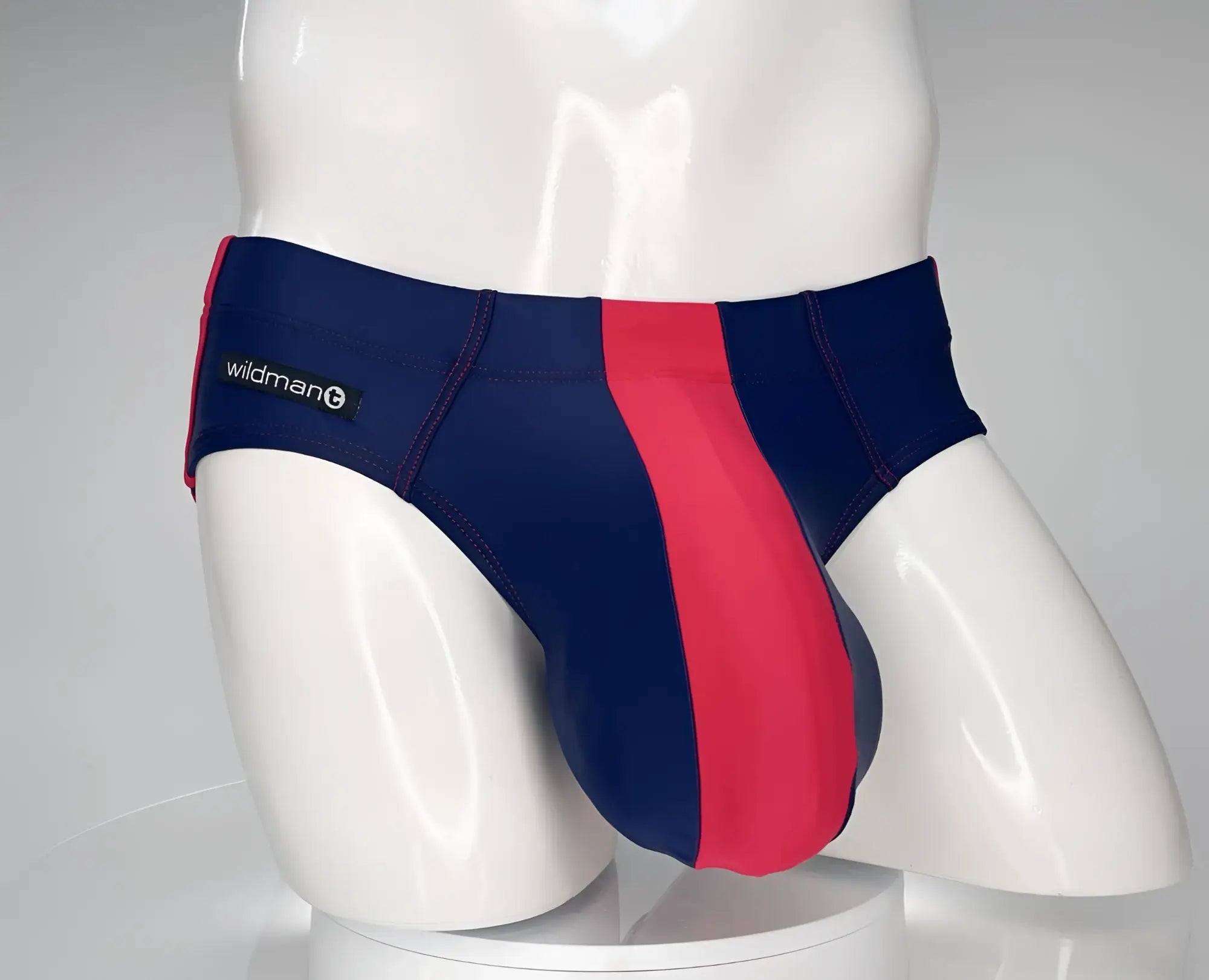 Men’s navy and red striped swim trunks with wildman brand label on waistband for beachwear and swimming
