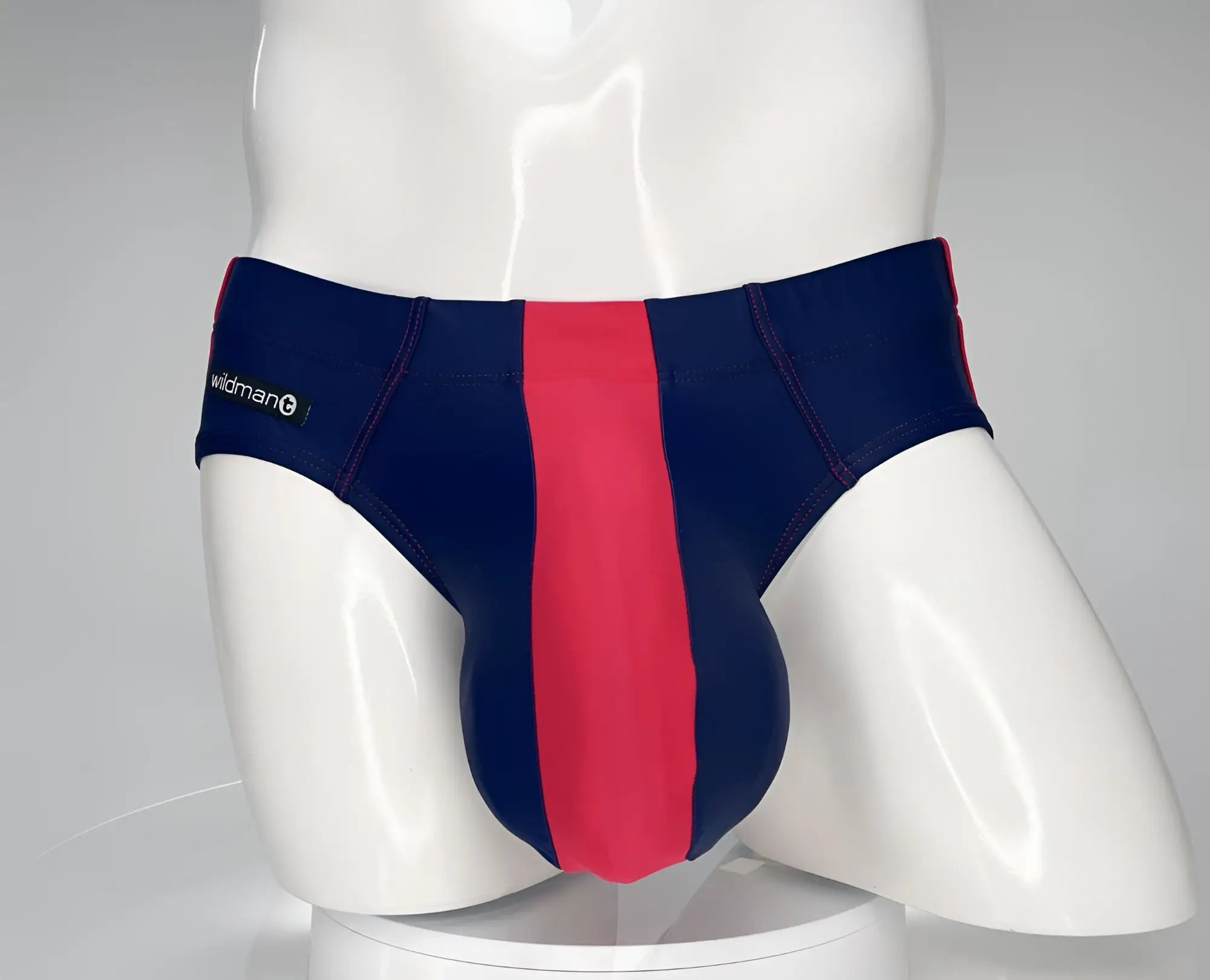 Men’s swim briefs in navy and red stripes featuring wildman logo for stylish beach and pool wear